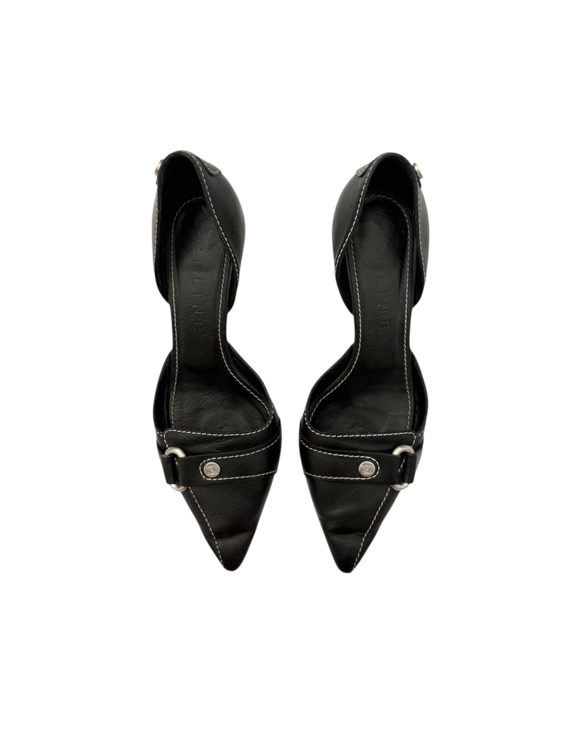 Celine Black Leather Silver D'Orsay Pointed Heels