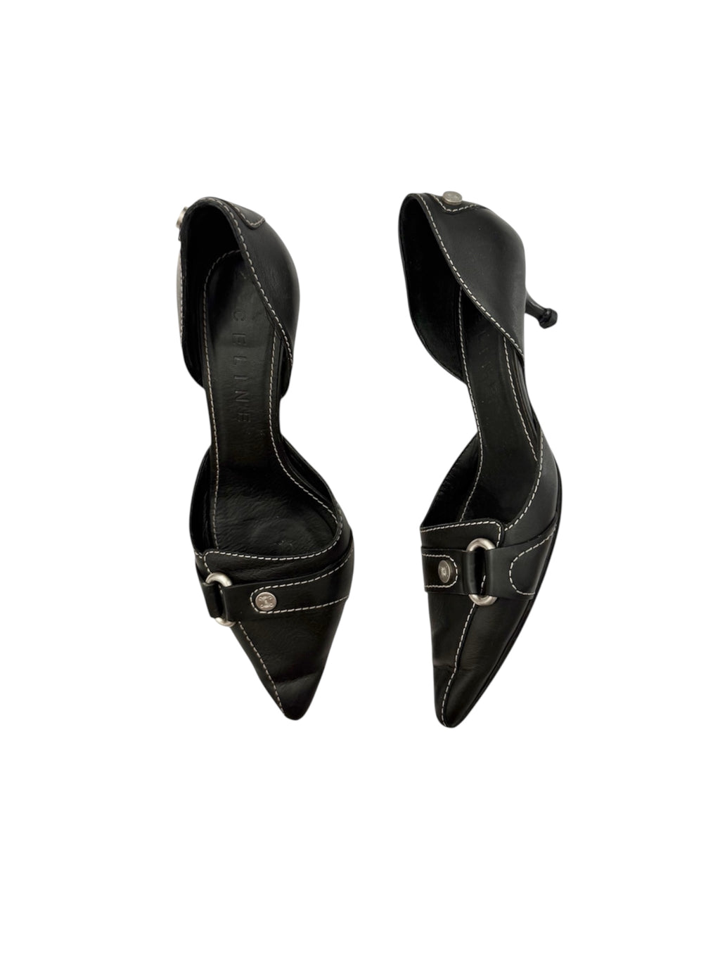 Celine Black Leather Silver D'Orsay Pointed Heels