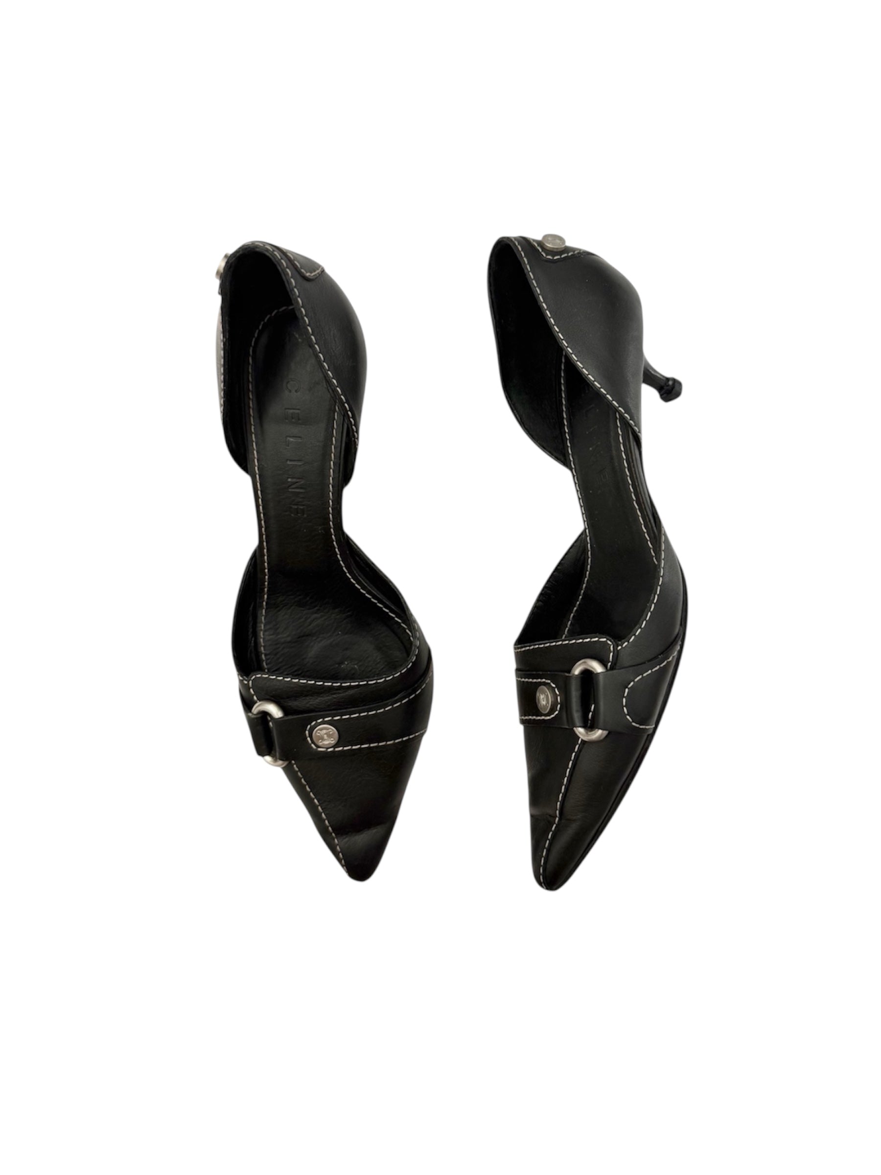 Celine Black Leather Silver D'Orsay Pointed Heels