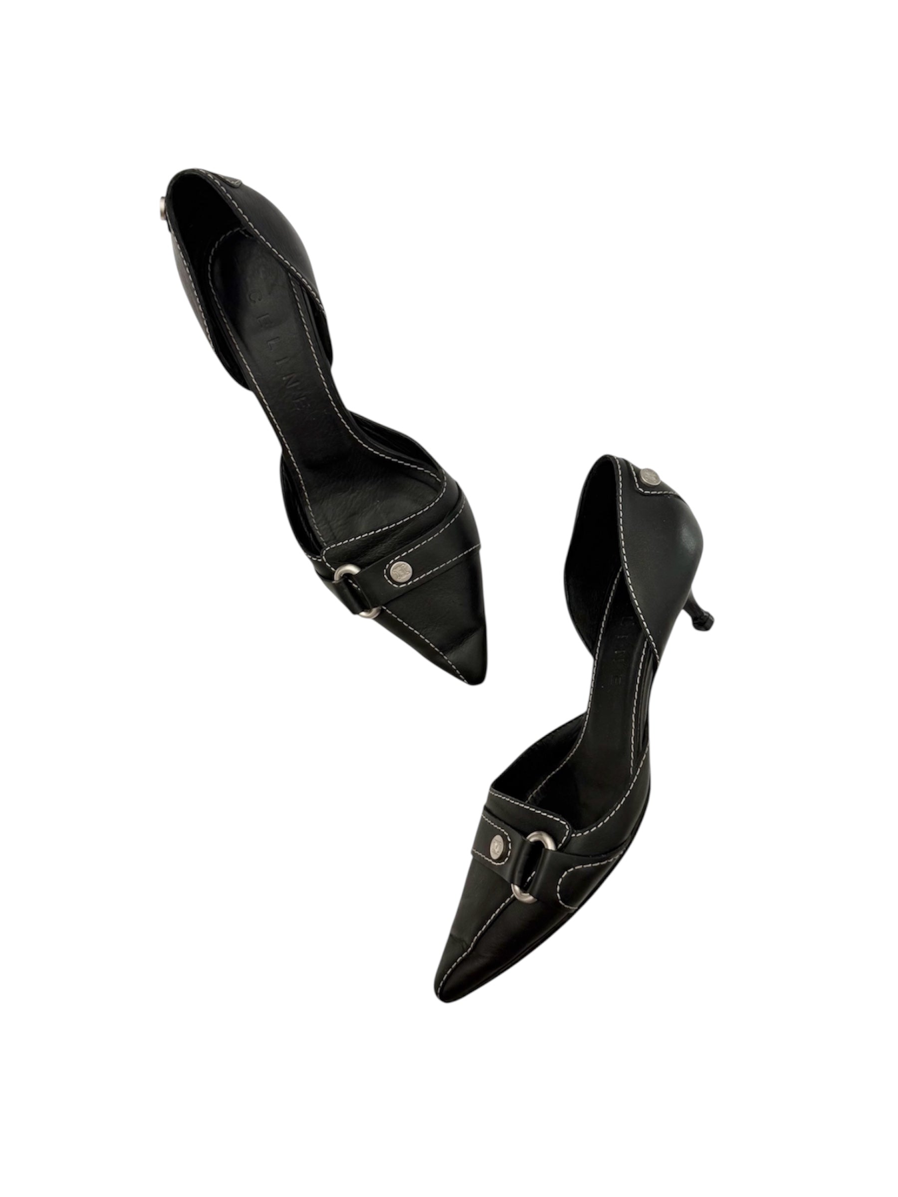 Celine Black Leather Silver D'Orsay Pointed Heels