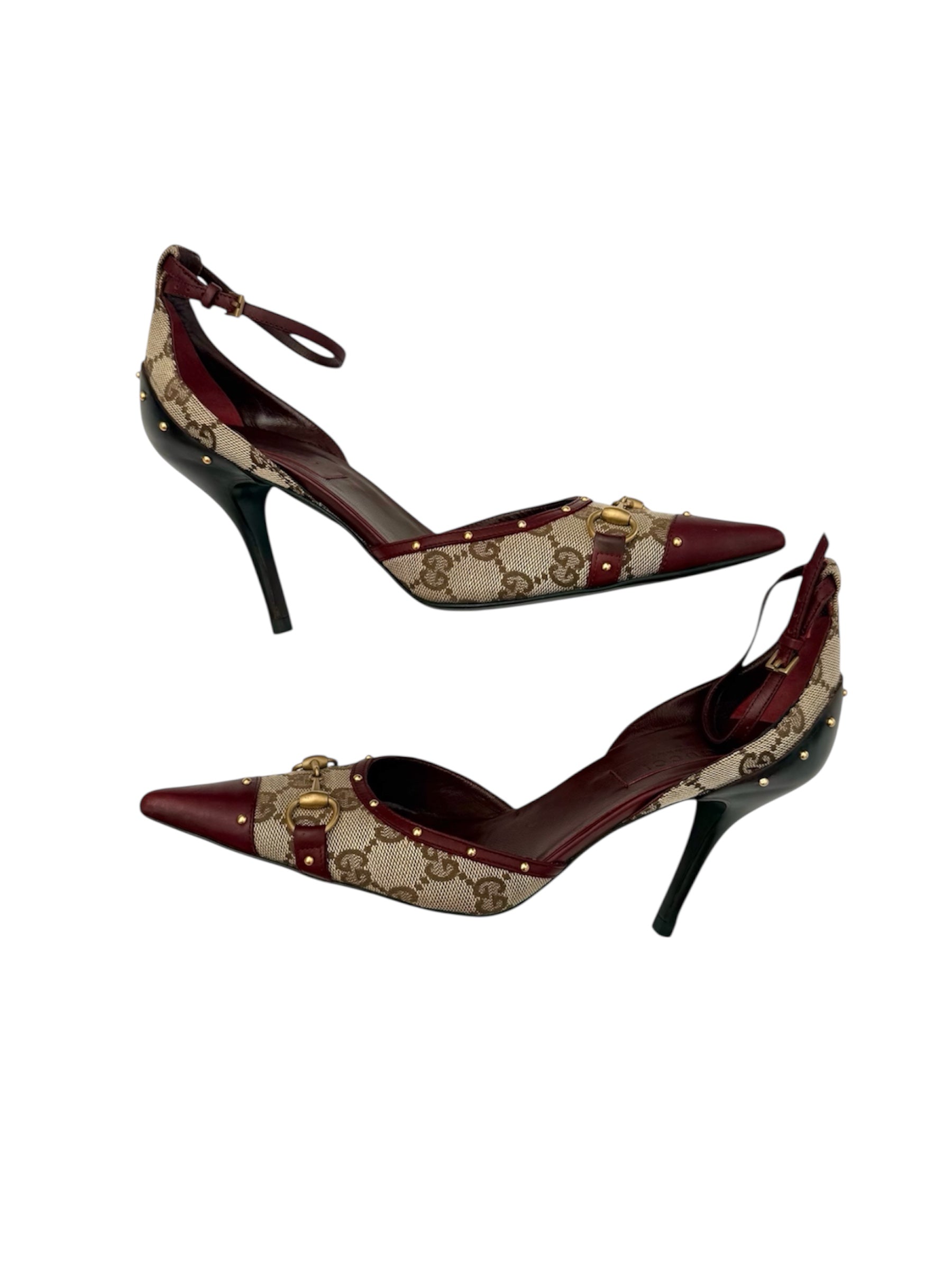 Gucci Burgundy Leather Monogram Pointed Toe Heels