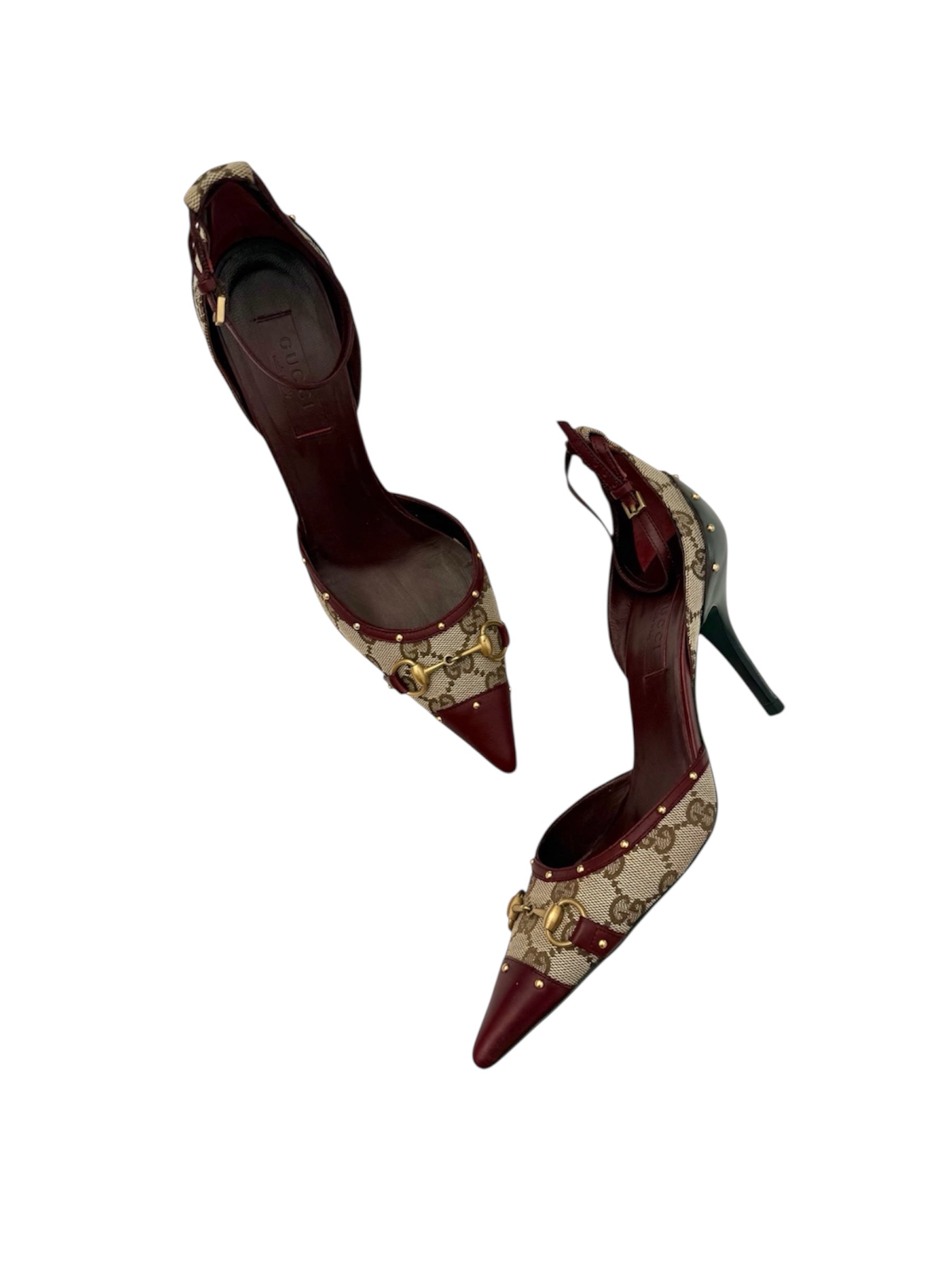 Gucci Burgundy Leather Monogram Pointed Toe Heels