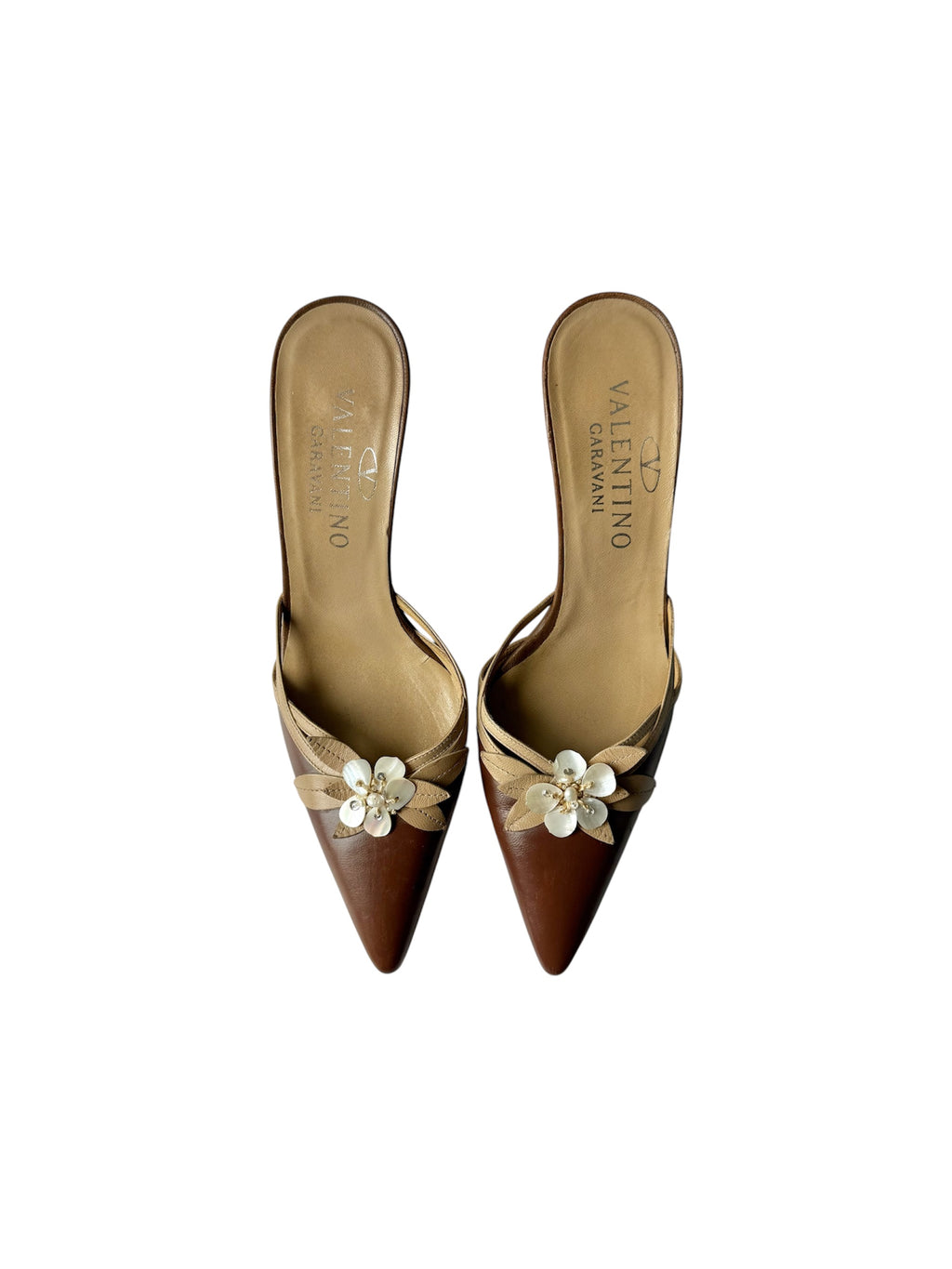 Valentino Brown Leather Mother-of-Pearl Flower Heels