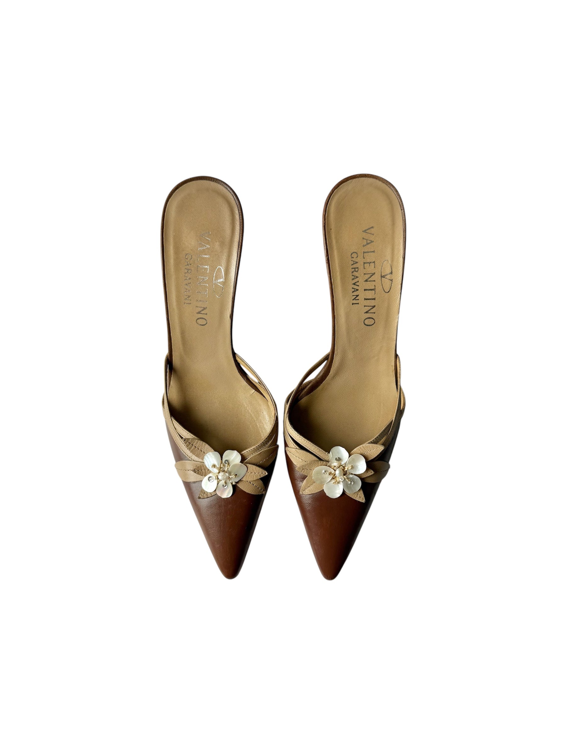 Valentino Brown Leather Mother-of-Pearl Flower Heels