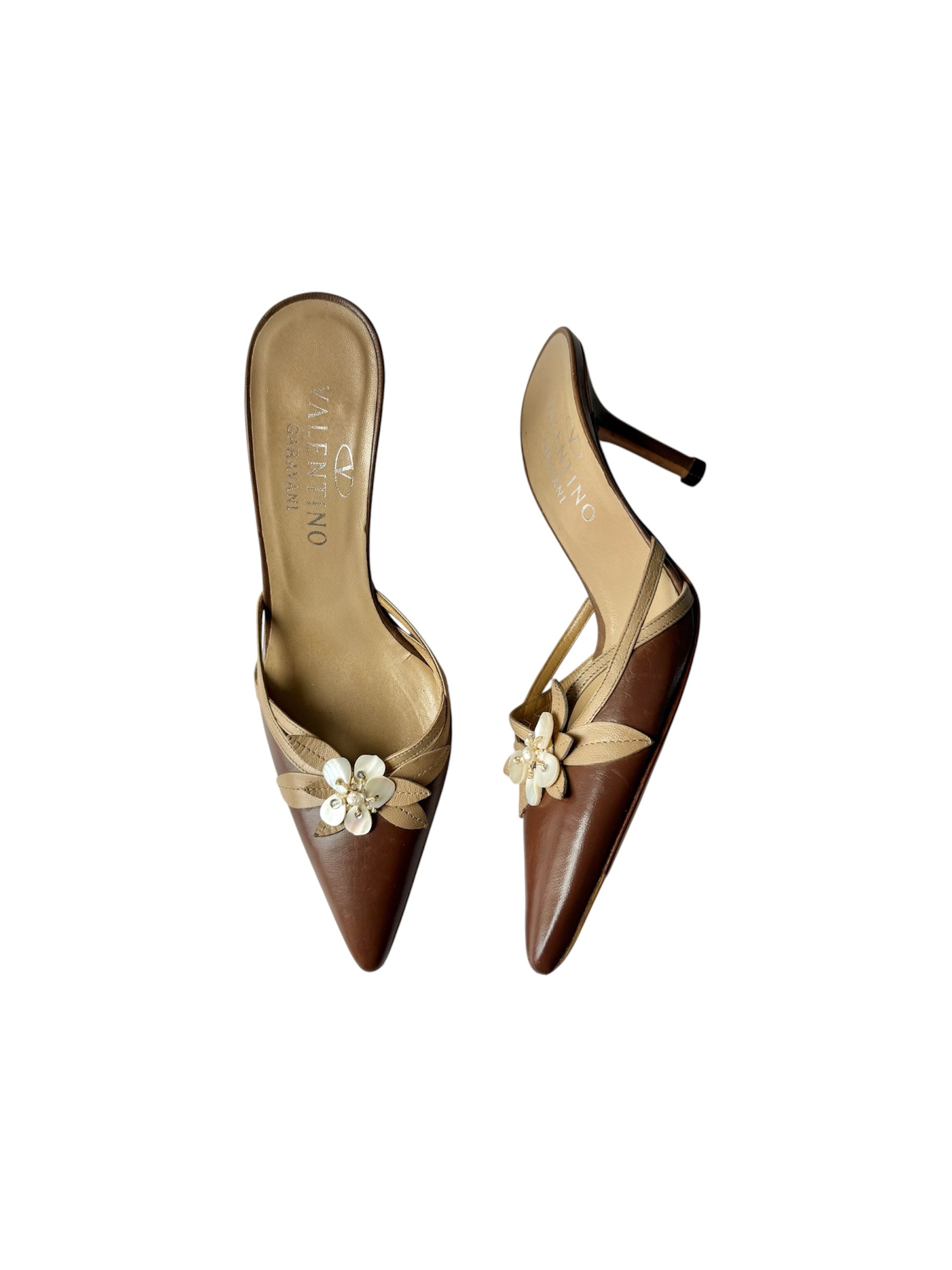 Valentino Brown Leather Mother-of-Pearl Flower Heels