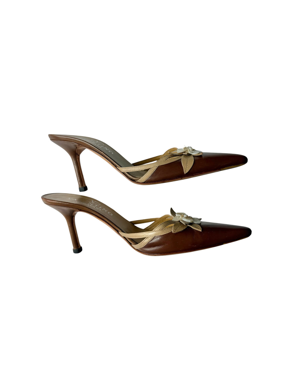 Valentino Brown Leather Mother-of-Pearl Flower Heels