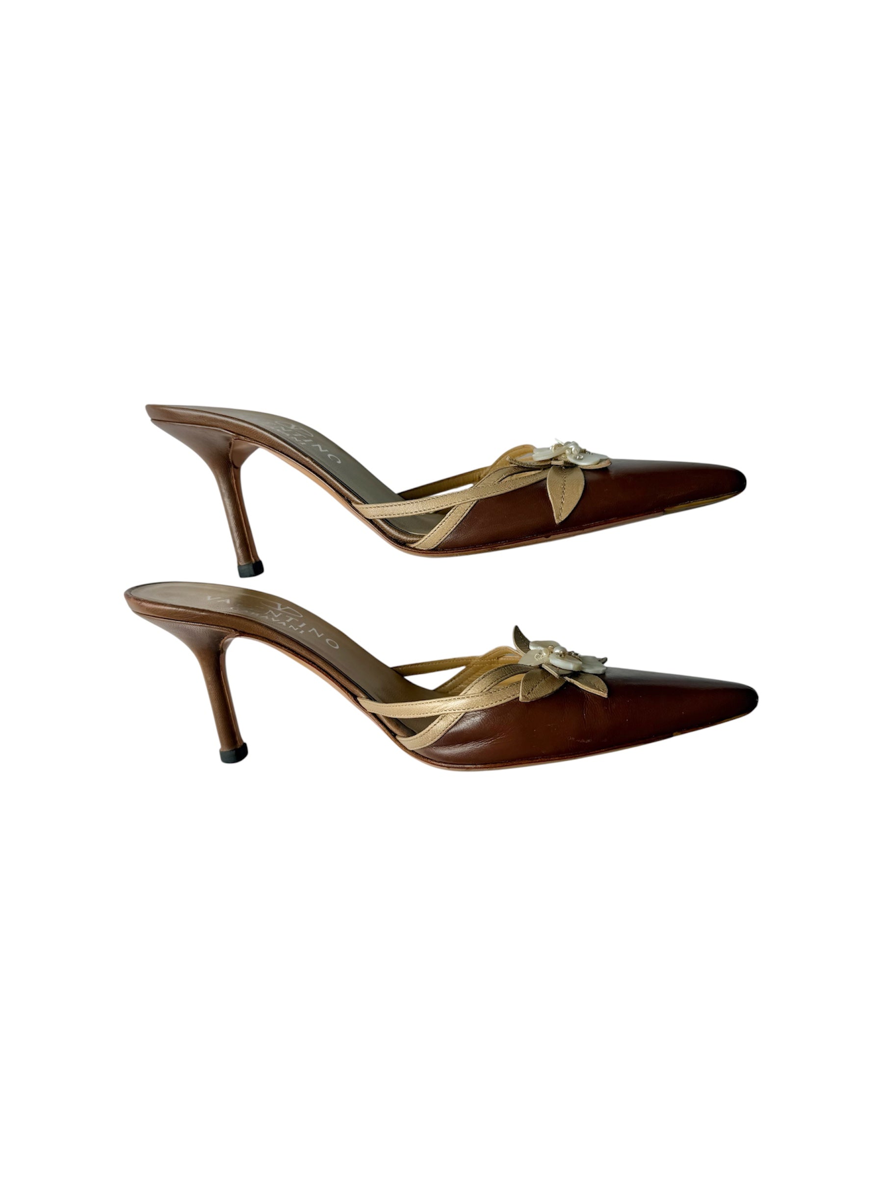 Valentino Brown Leather Mother-of-Pearl Flower Heels