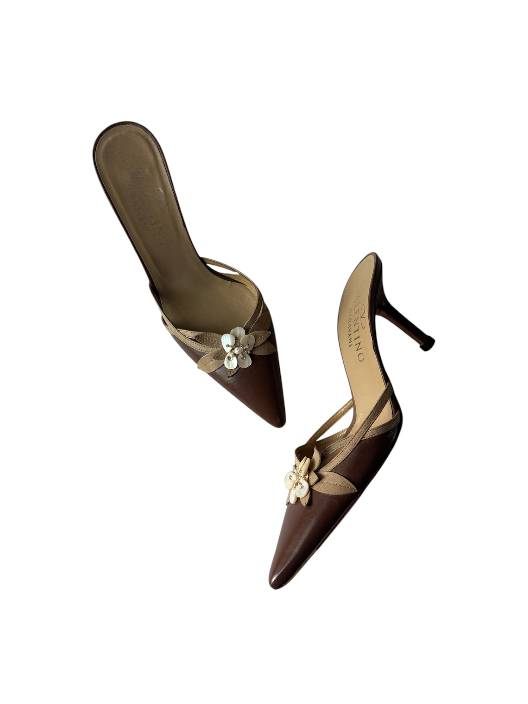 Valentino Brown Leather Mother-of-Pearl Flower Heels