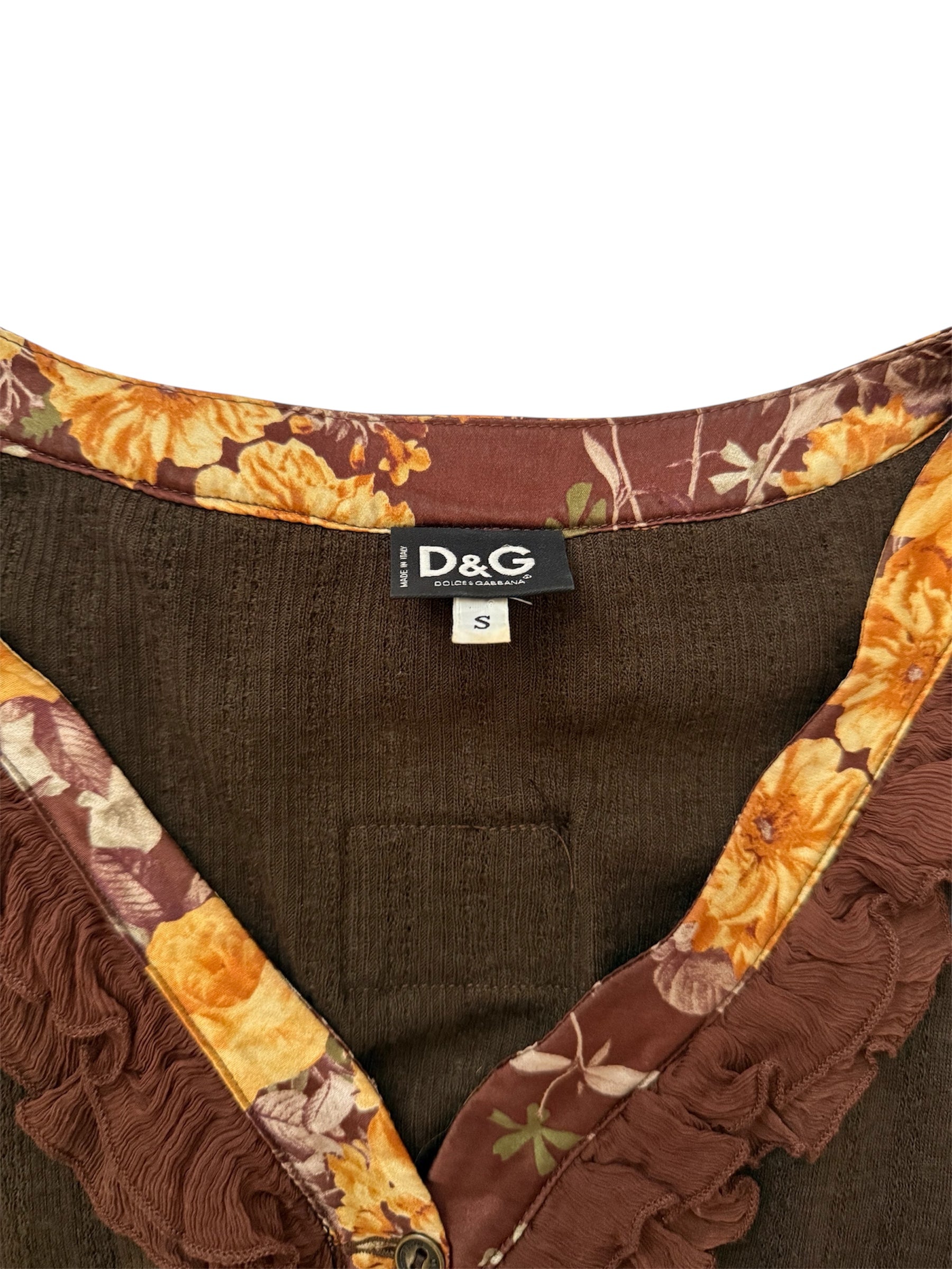 Dolce & Gabbana Floral Ruffle Brown Long Sleeve Top