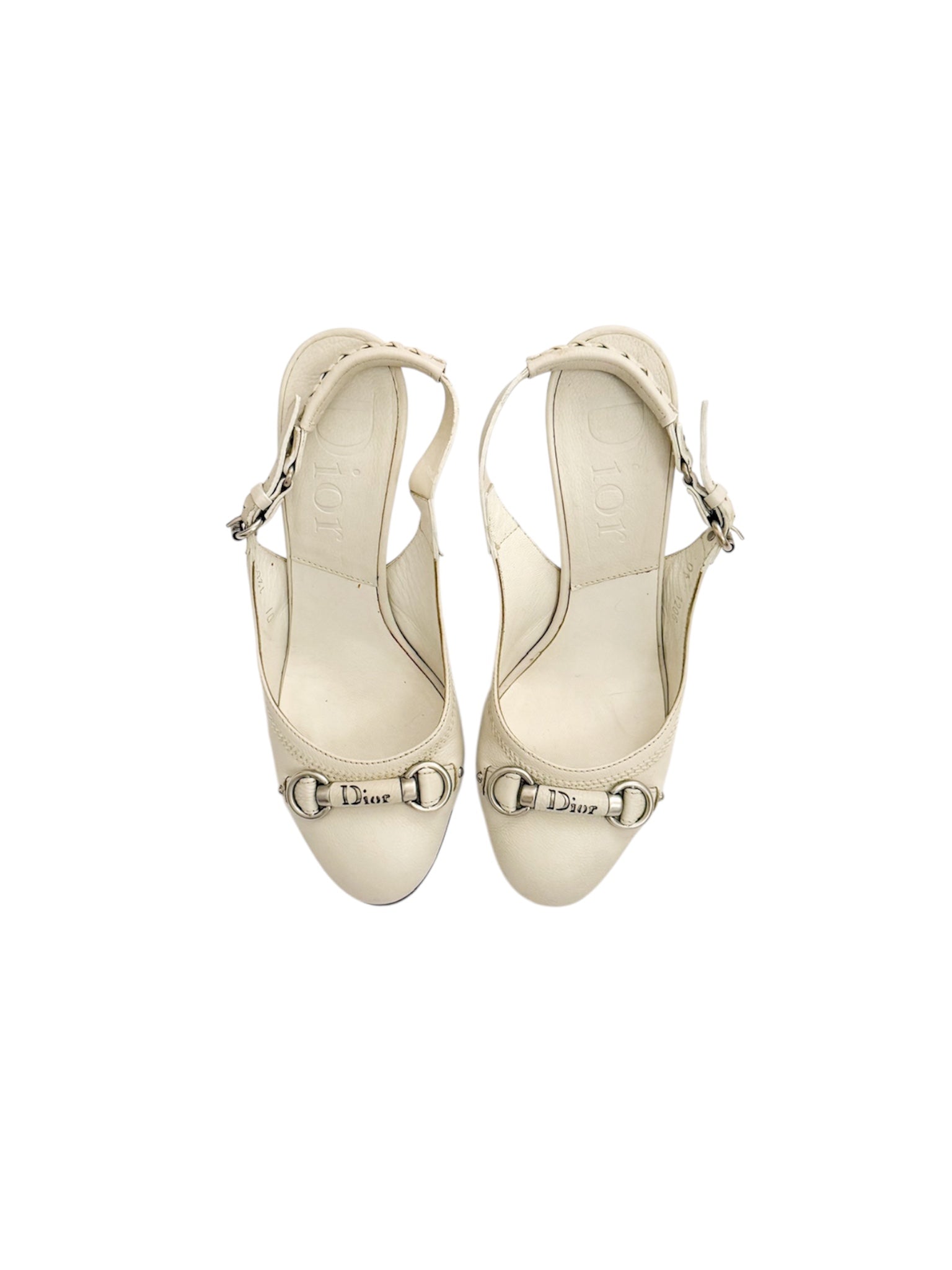 Christian Dior White Leather Round Toe Slingback Heels