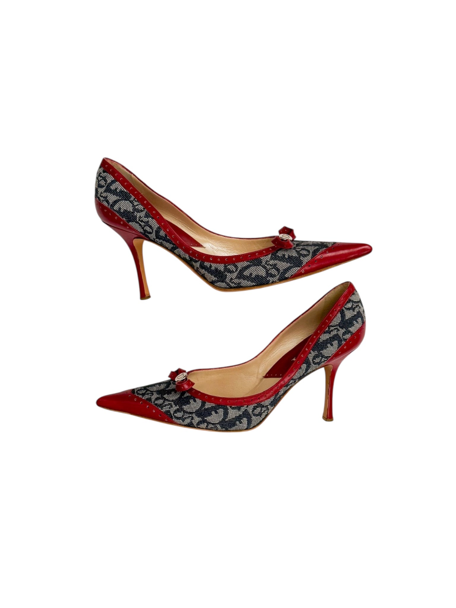 Christian Dior Monogram Denim Red Bow Pumps