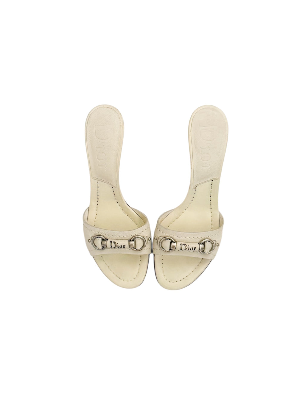 Christian Dior White Leather Silver Bar Kitten Heels