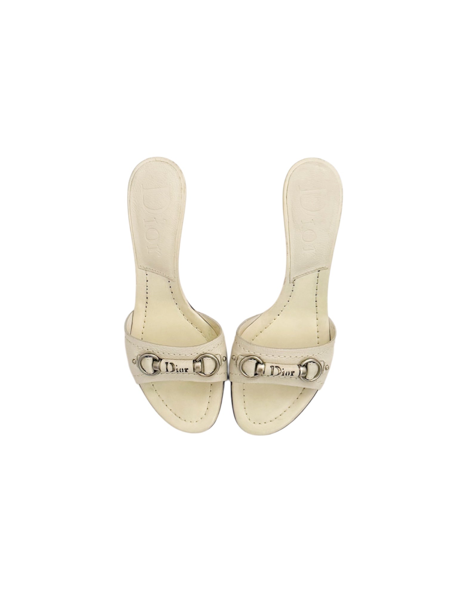 Christian Dior White Leather Silver Bar Kitten Heels