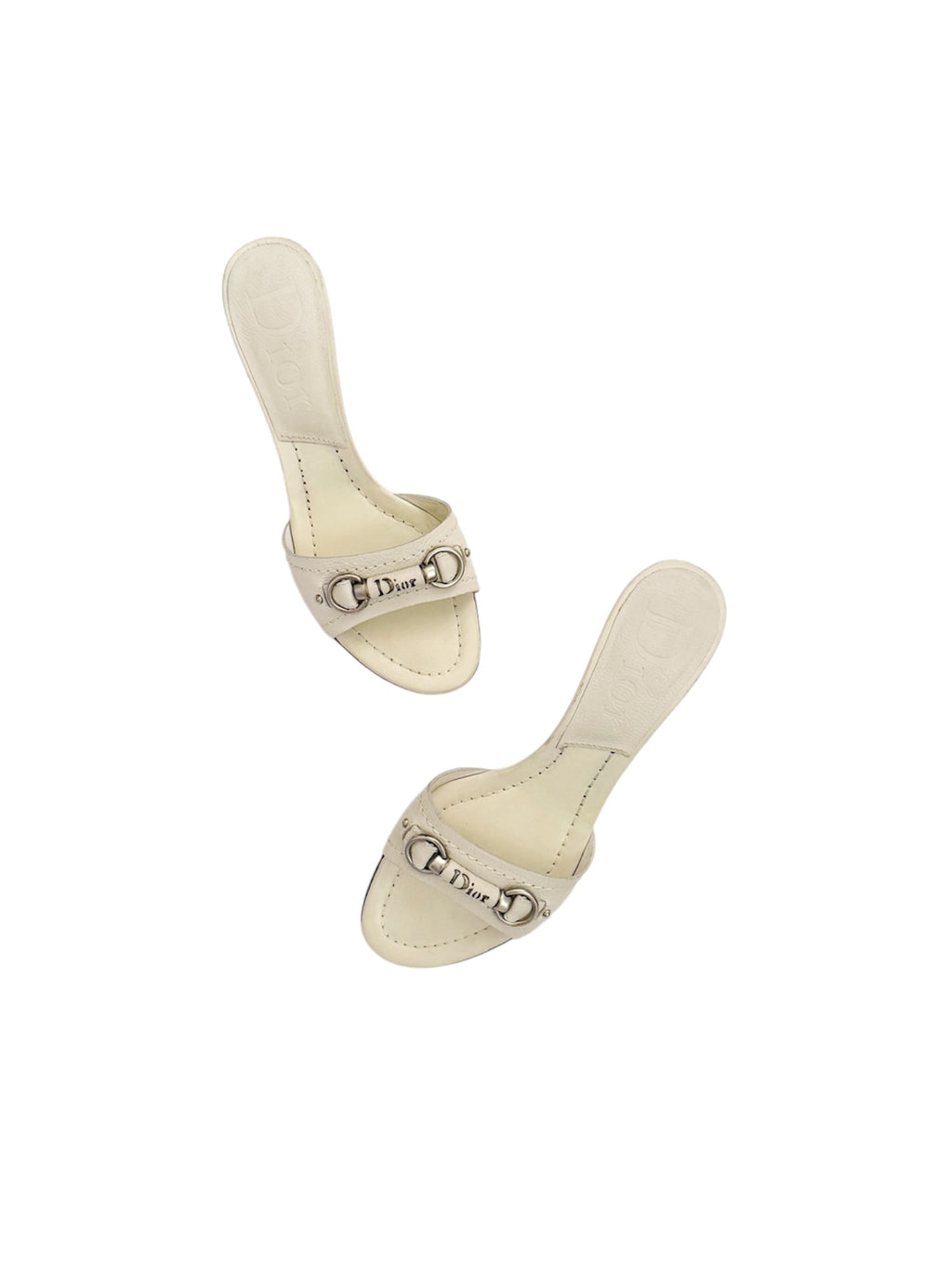 Christian Dior White Leather Silver Bar Kitten Heels