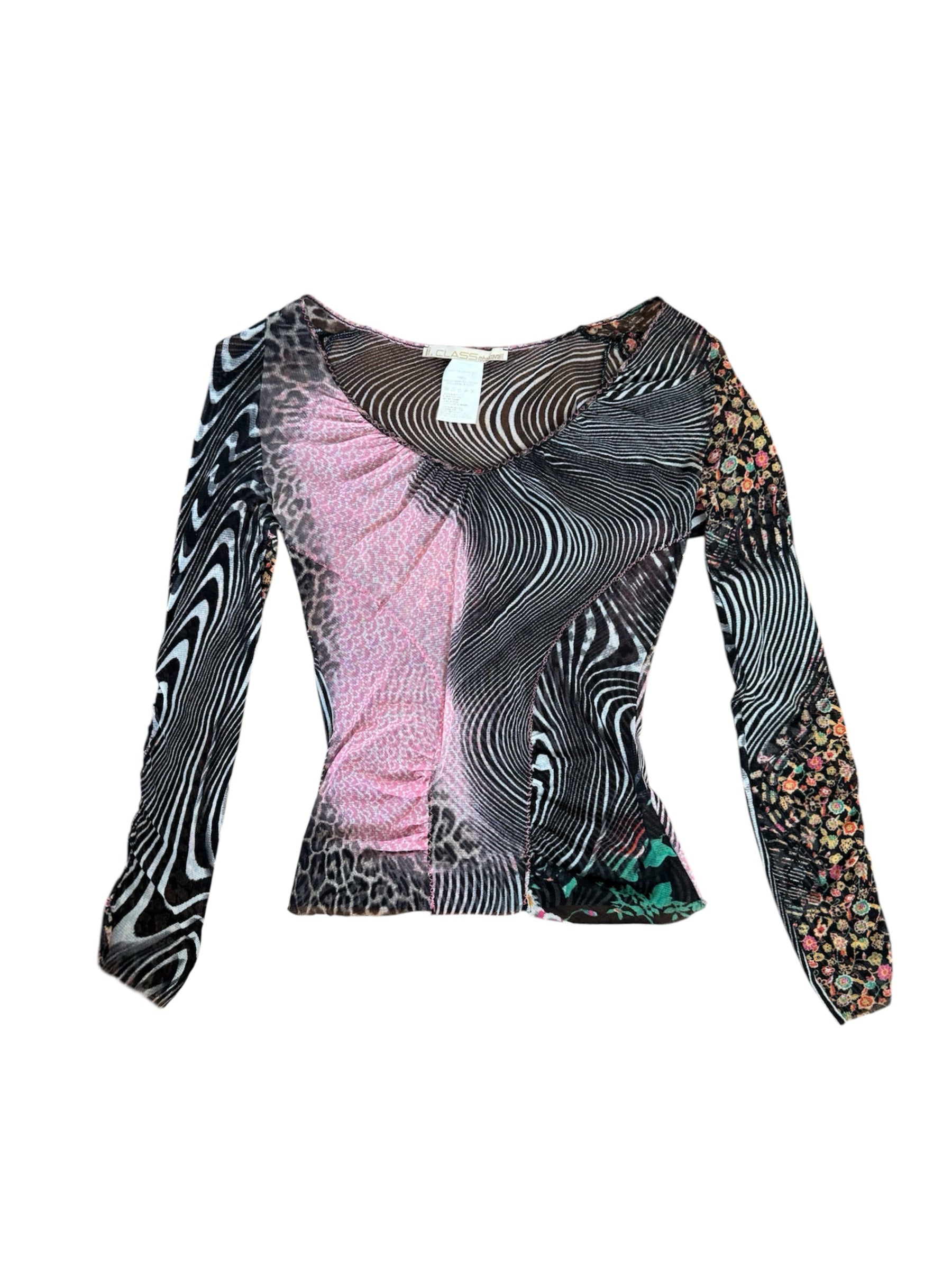 Cavalli Leopard Pink Floral Swirl Mesh Top