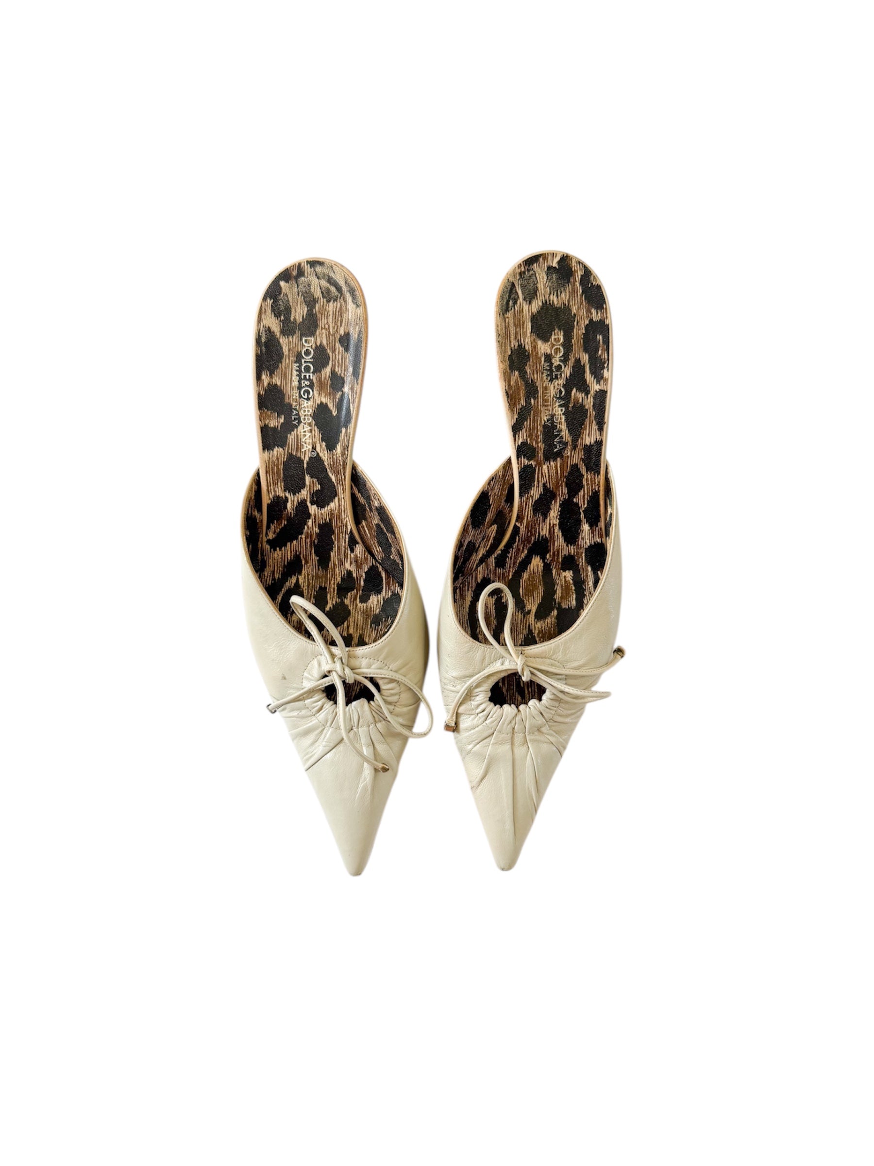 Dolce & Gabbana Leather Cream Leopard Bow Mules
