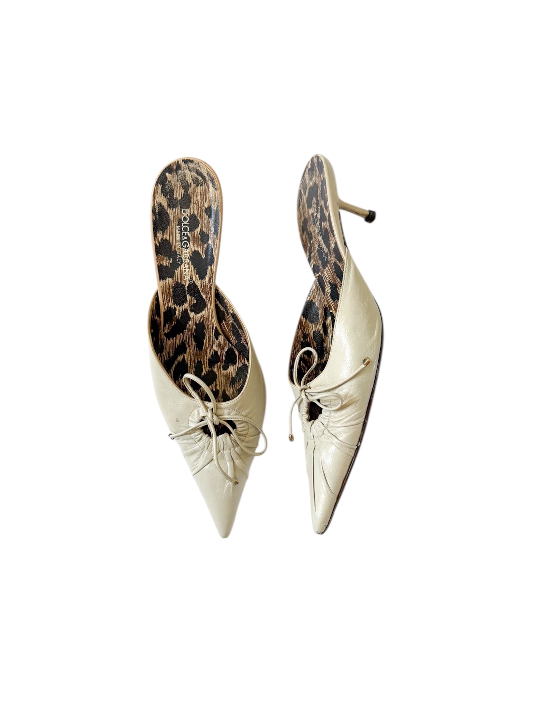 Dolce & Gabbana Leather Cream Leopard Bow Mules