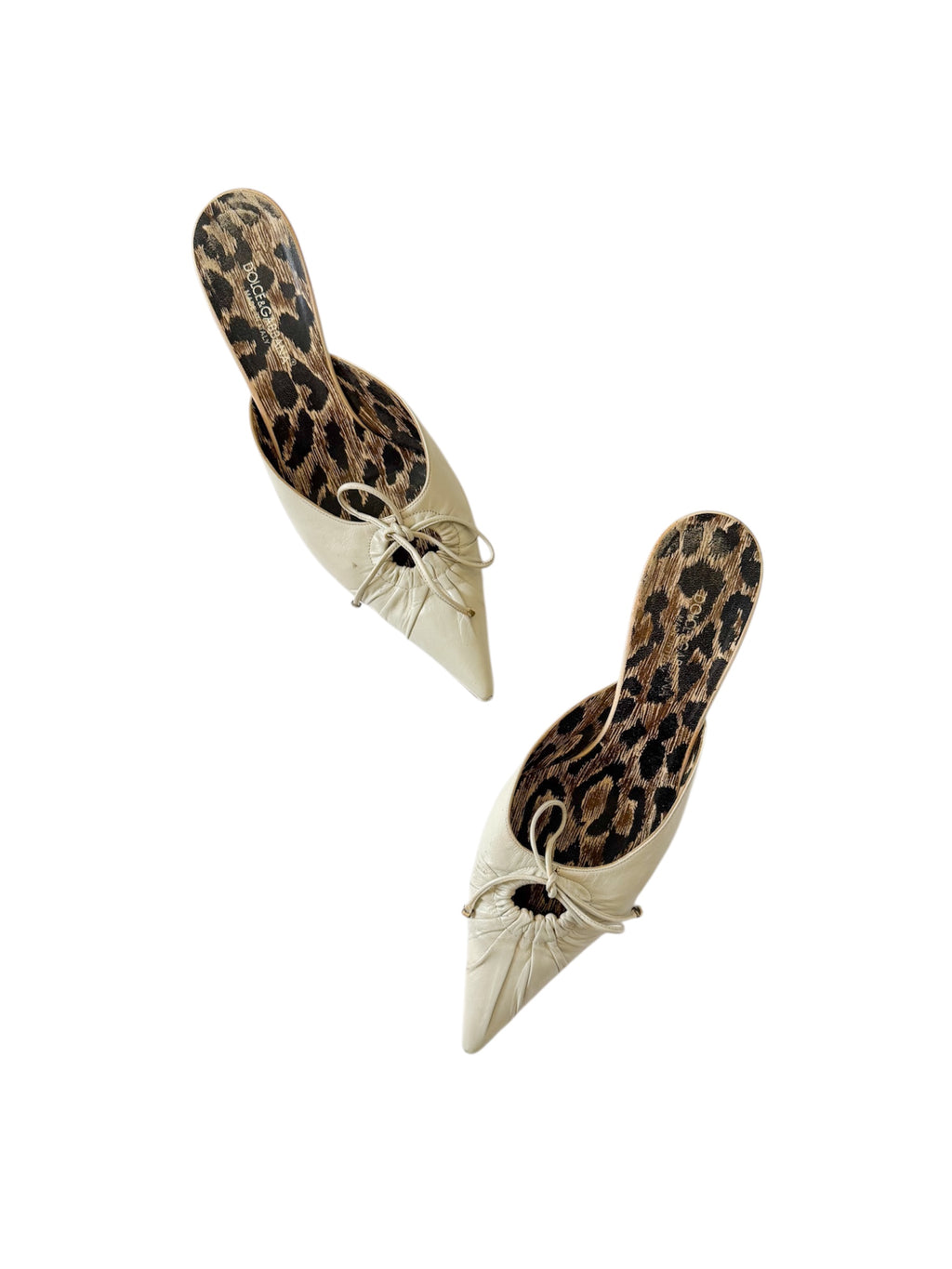 Dolce & Gabbana Leather Cream Leopard Bow Mules