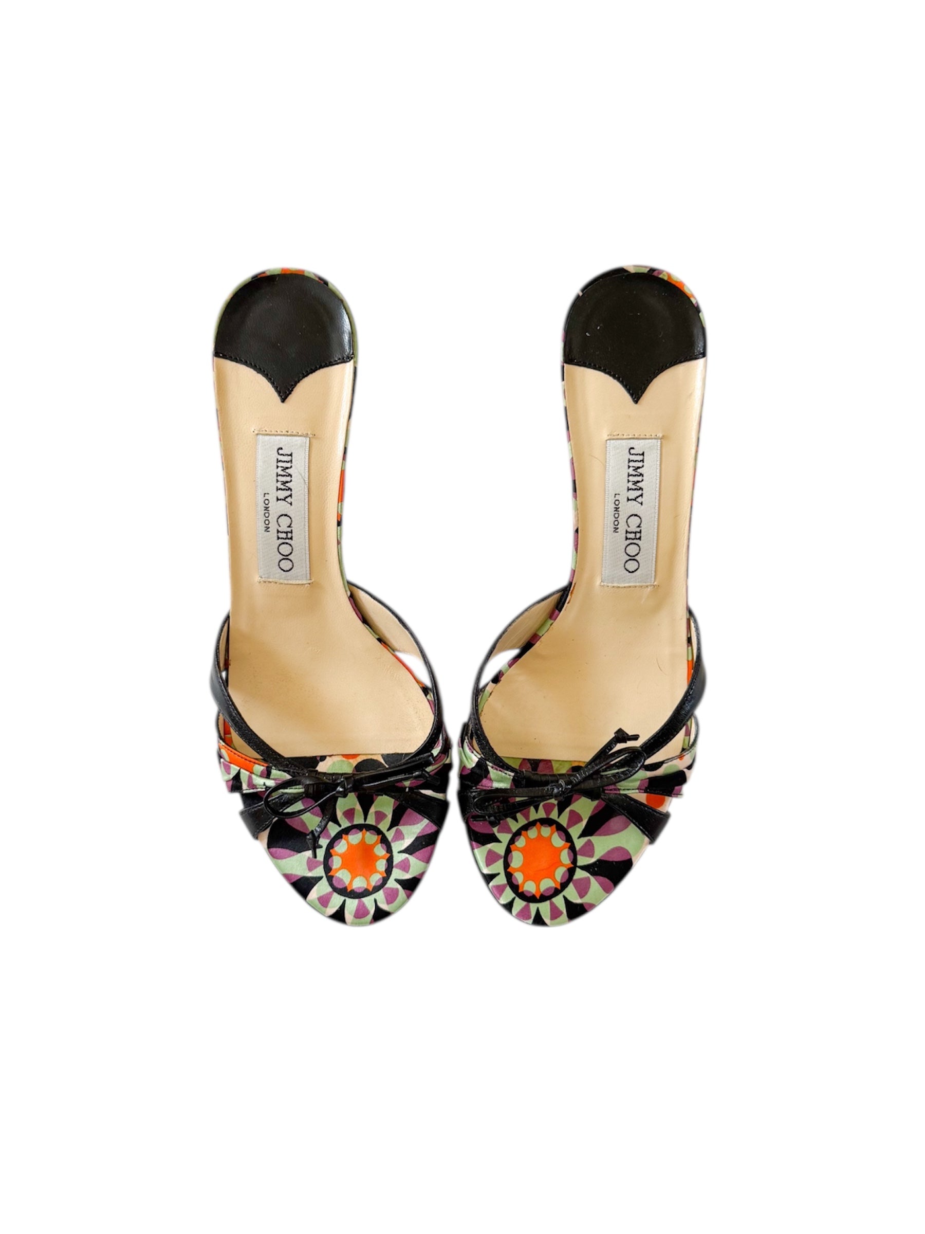 Jimmy Choo Satin Patterned Bow Kitten Heels