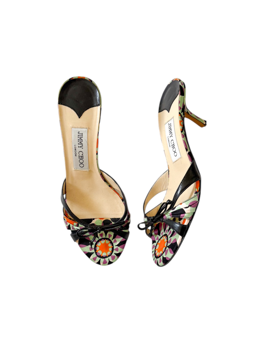 Jimmy Choo Satin Patterned Bow Kitten Heels
