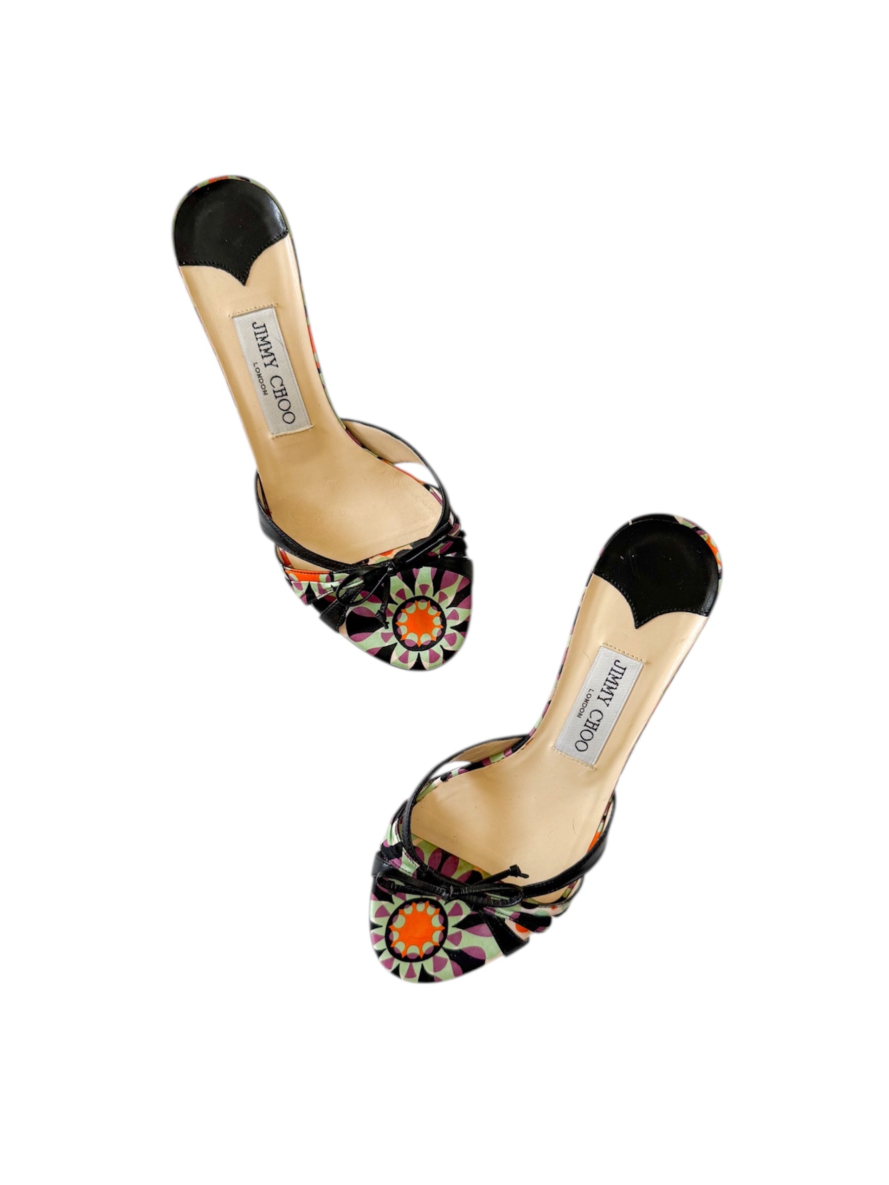 Jimmy Choo Satin Patterned Bow Kitten Heels