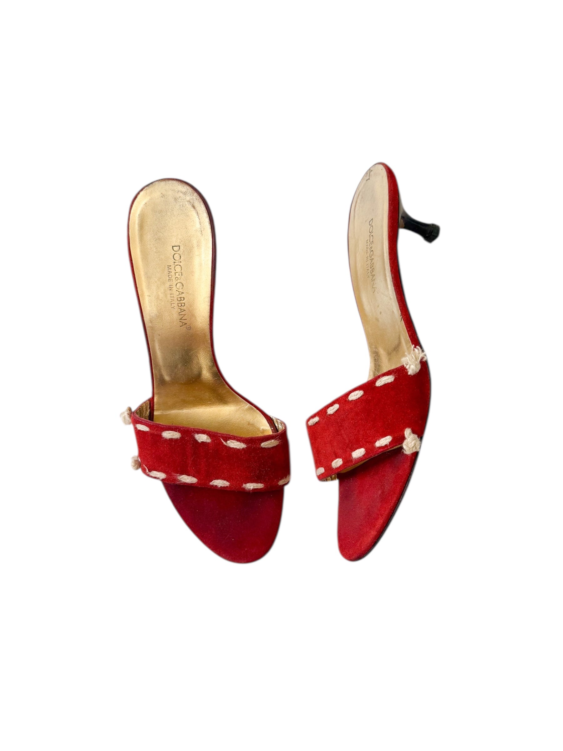 Dolce & Gabbana Red Suede Embroidered Mitten Heels