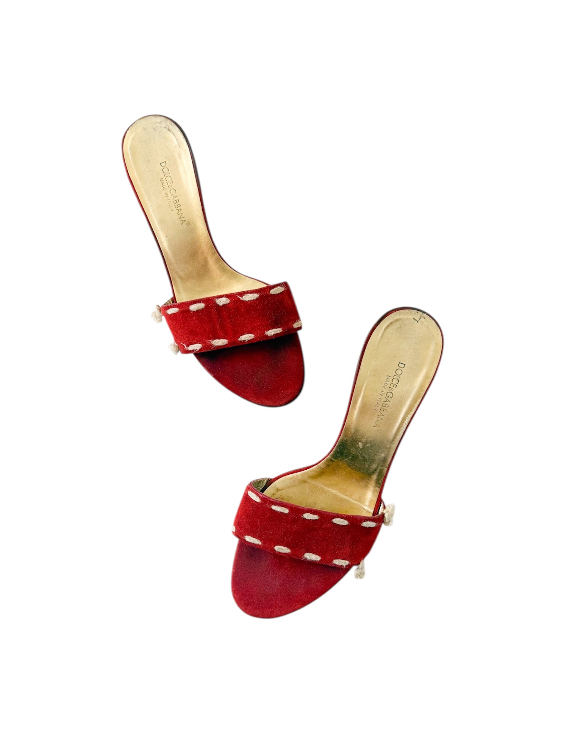 Dolce & Gabbana Red Suede Embroidered Mitten Heels
