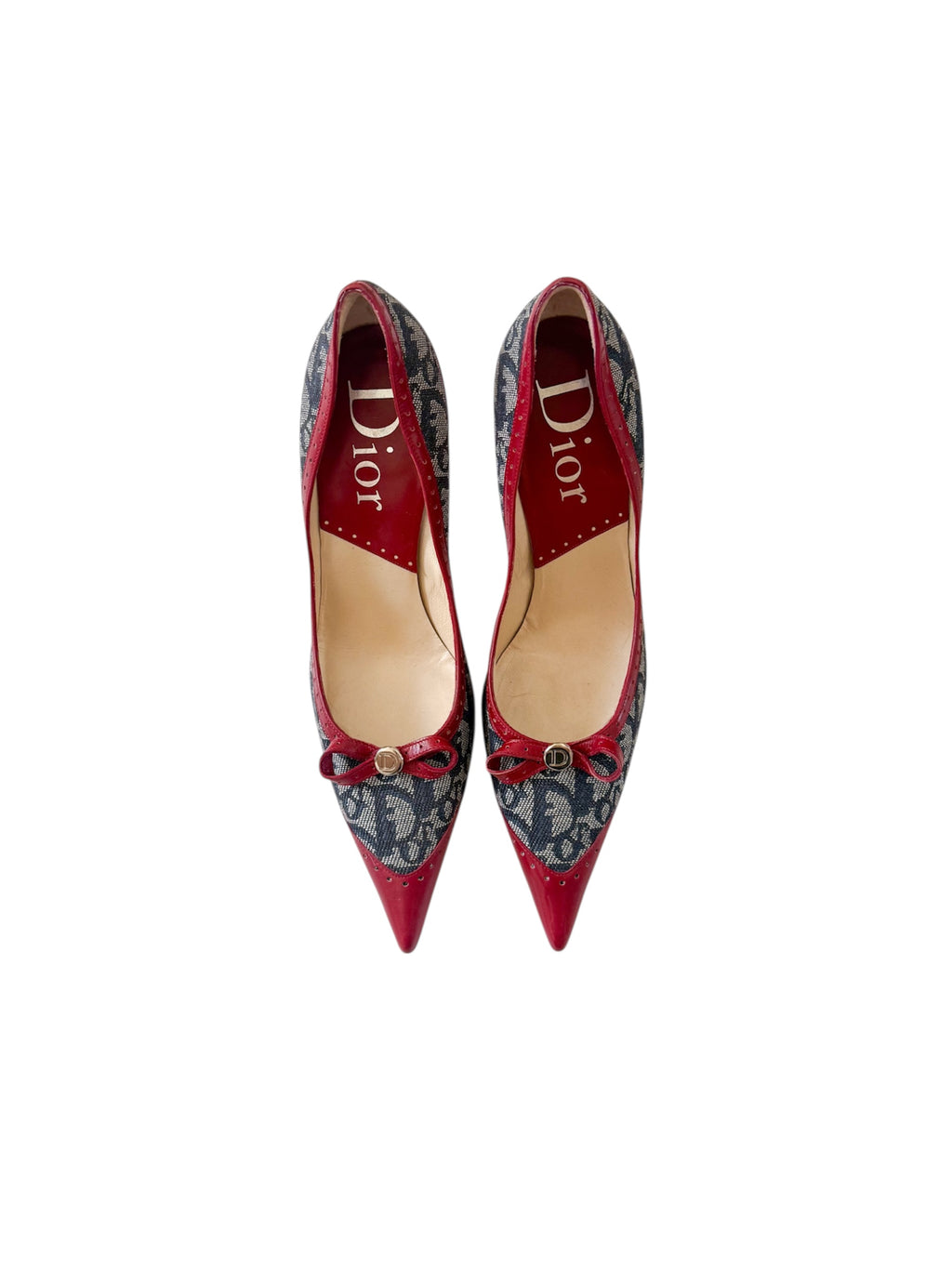 Christian Dior Monogram Denim Red Bow Pumps