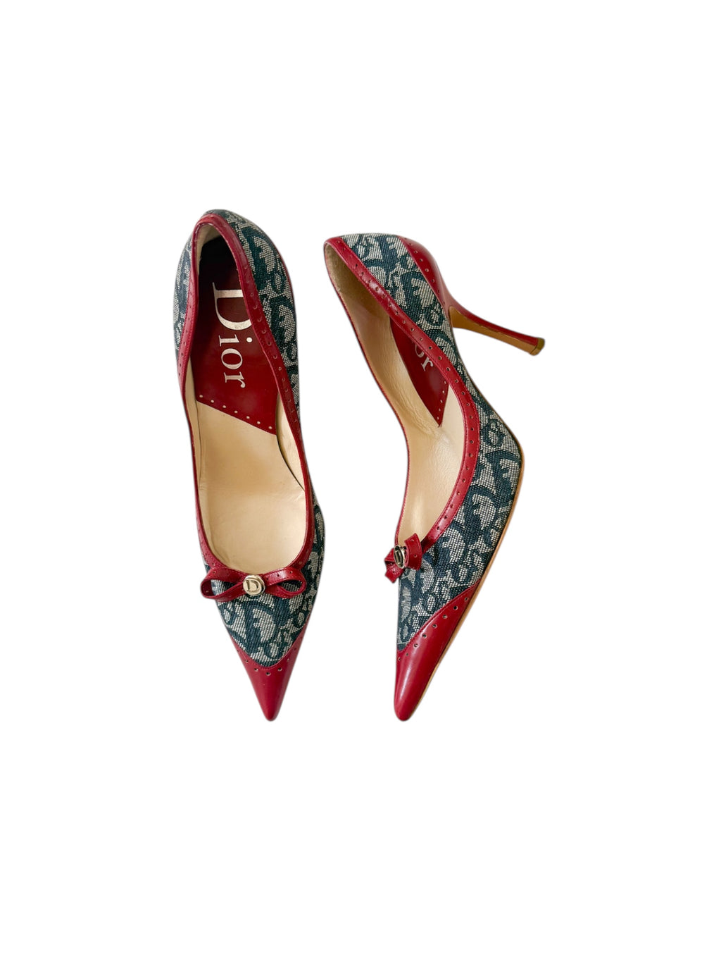 Christian Dior Monogram Denim Red Bow Pumps