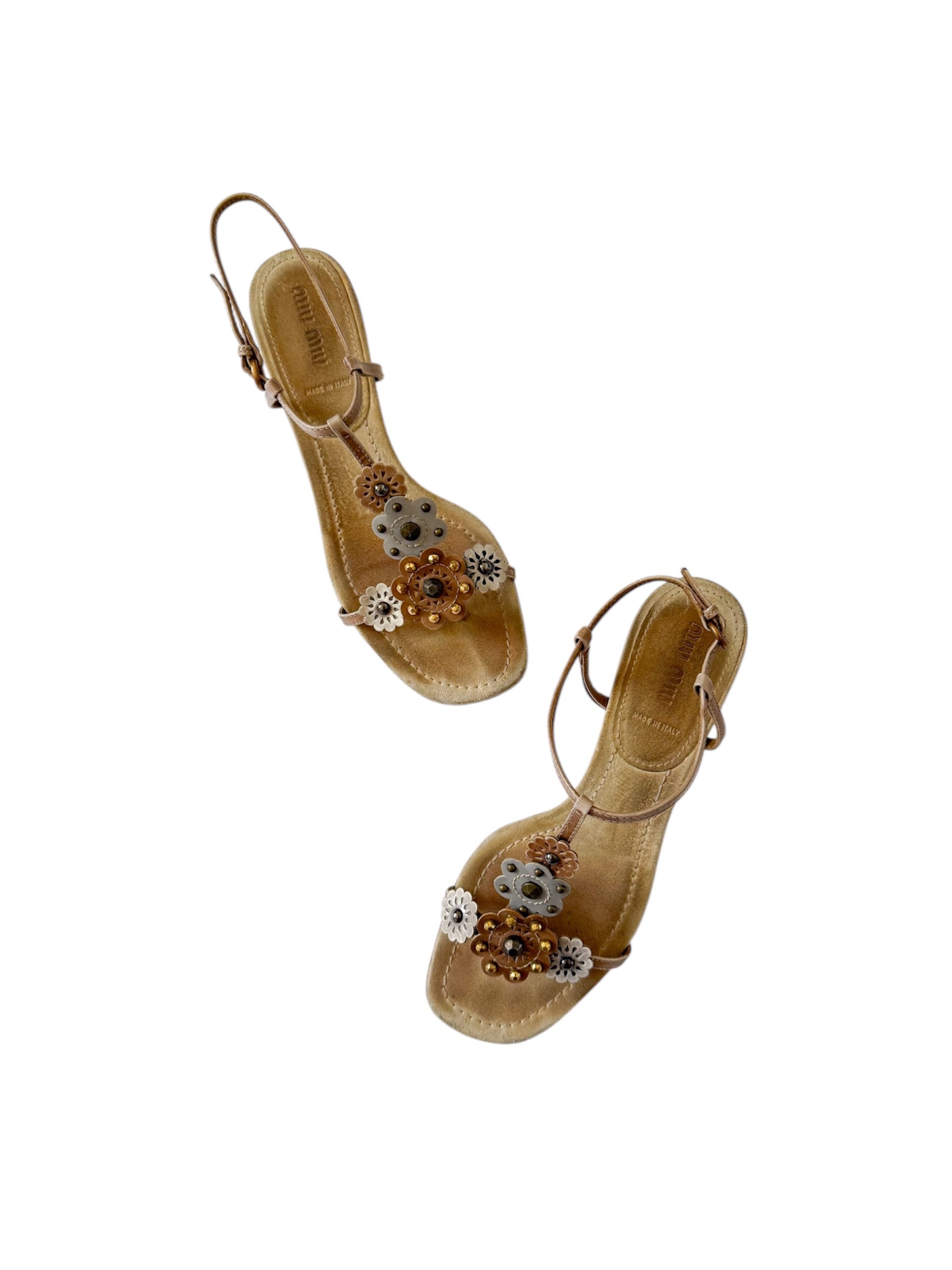 Miu Miu Tan & Blue Flower Embellished Heels
