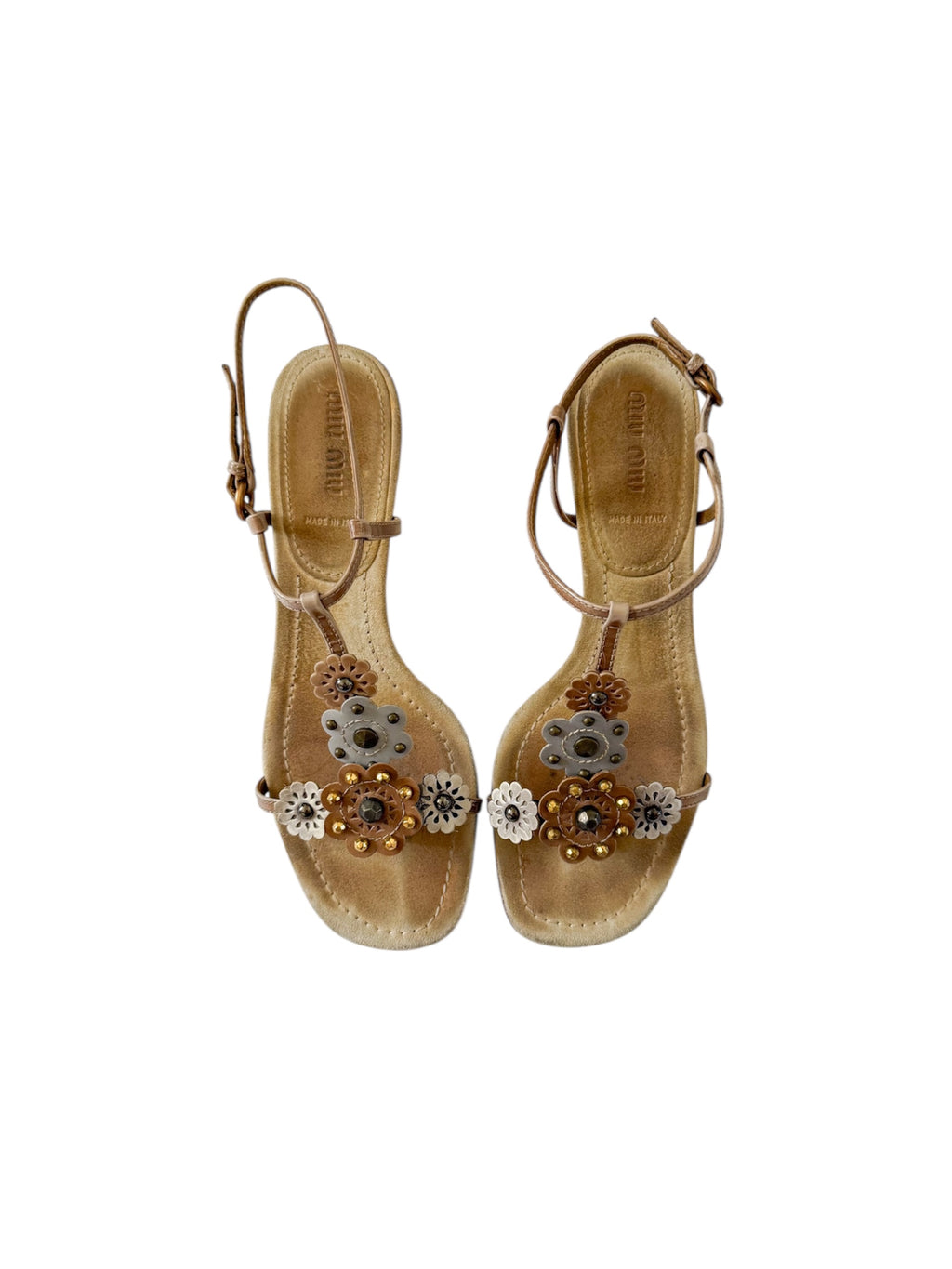 Miu Miu Tan & Blue Flower Embellished Heels
