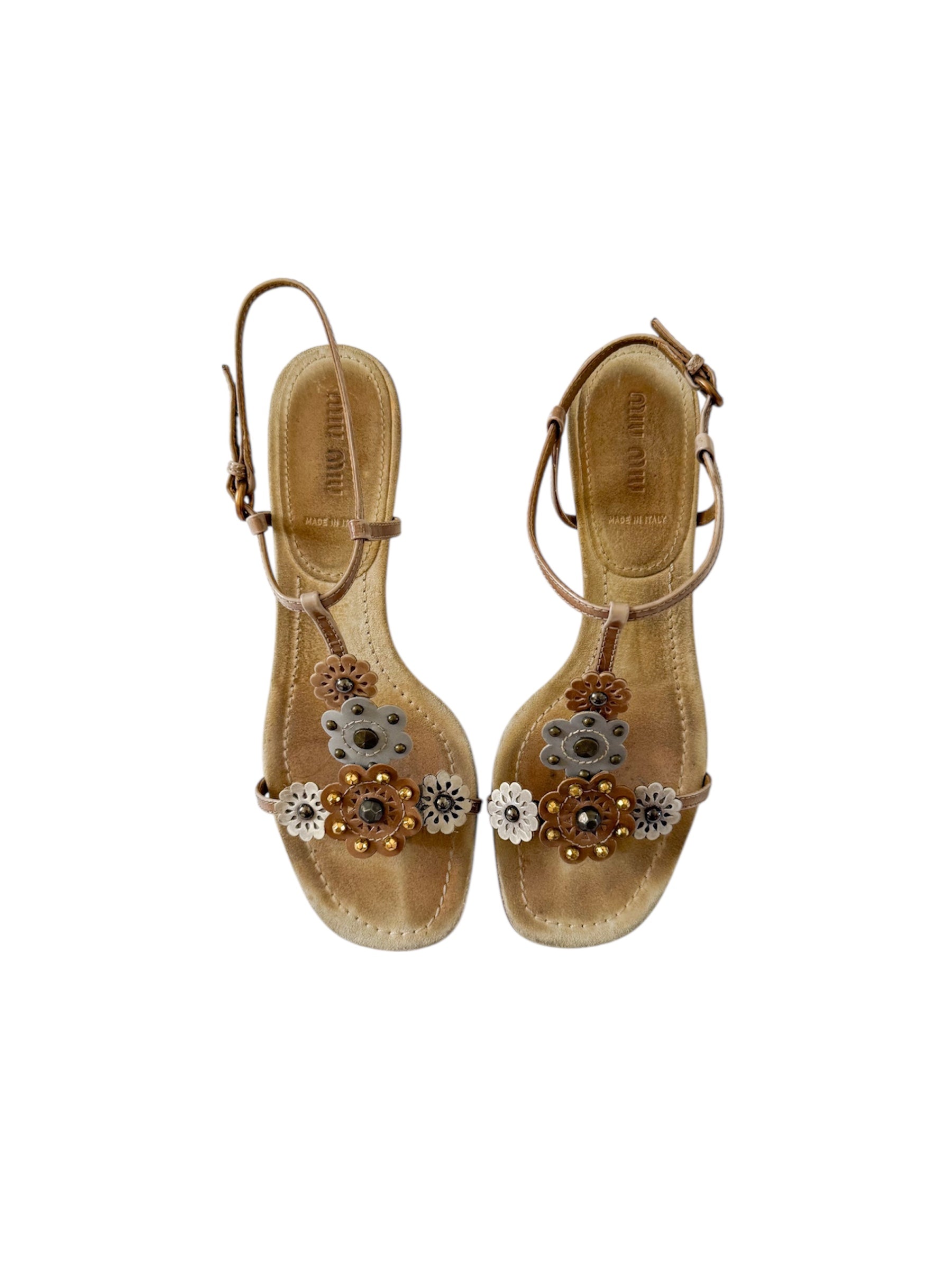 Miu Miu Tan & Blue Flower Embellished Heels