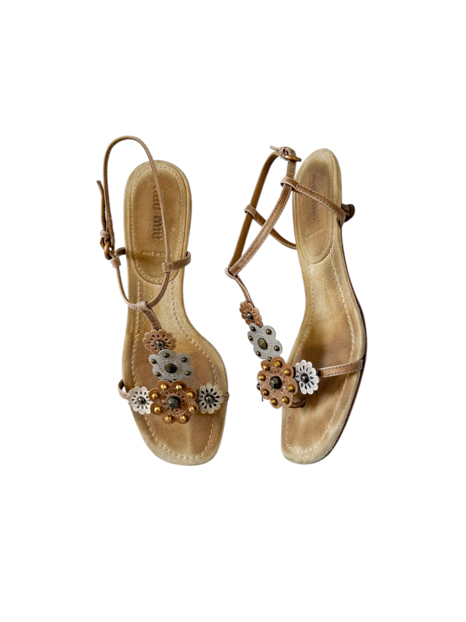Miu Miu Tan & Blue Flower Embellished Heels