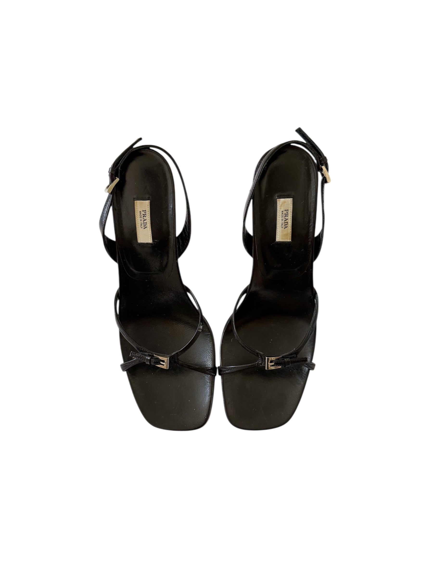 Prada Black Leather Buckle Strappy Slingback Heels