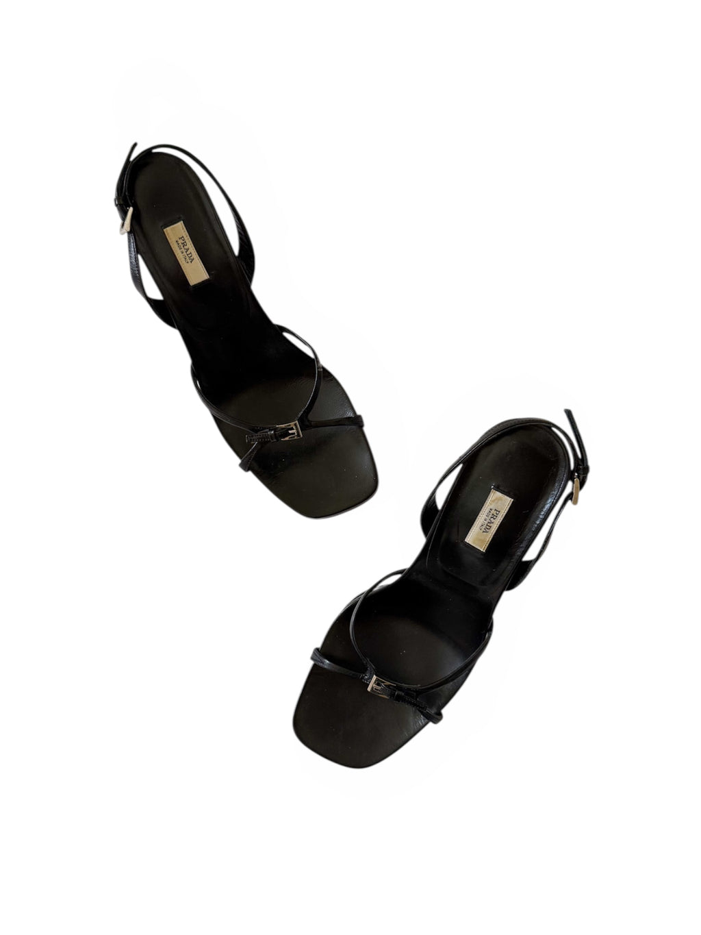 Prada Black Leather Buckle Strappy Slingback Heels
