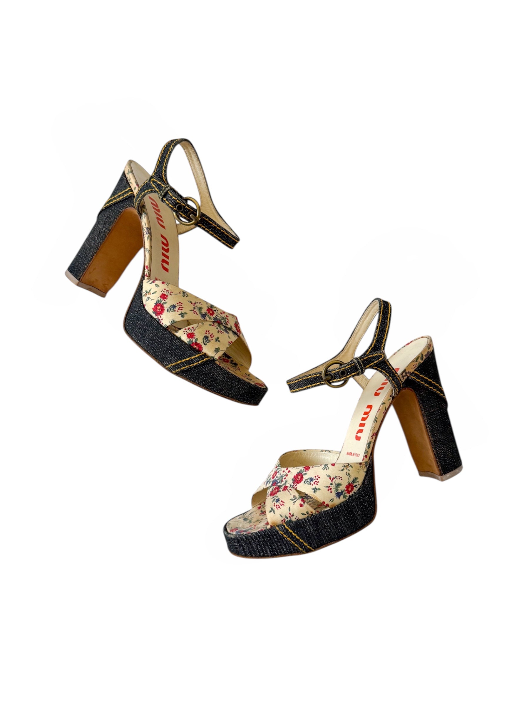 Miu Miu Denim Floral Print Platform Heels