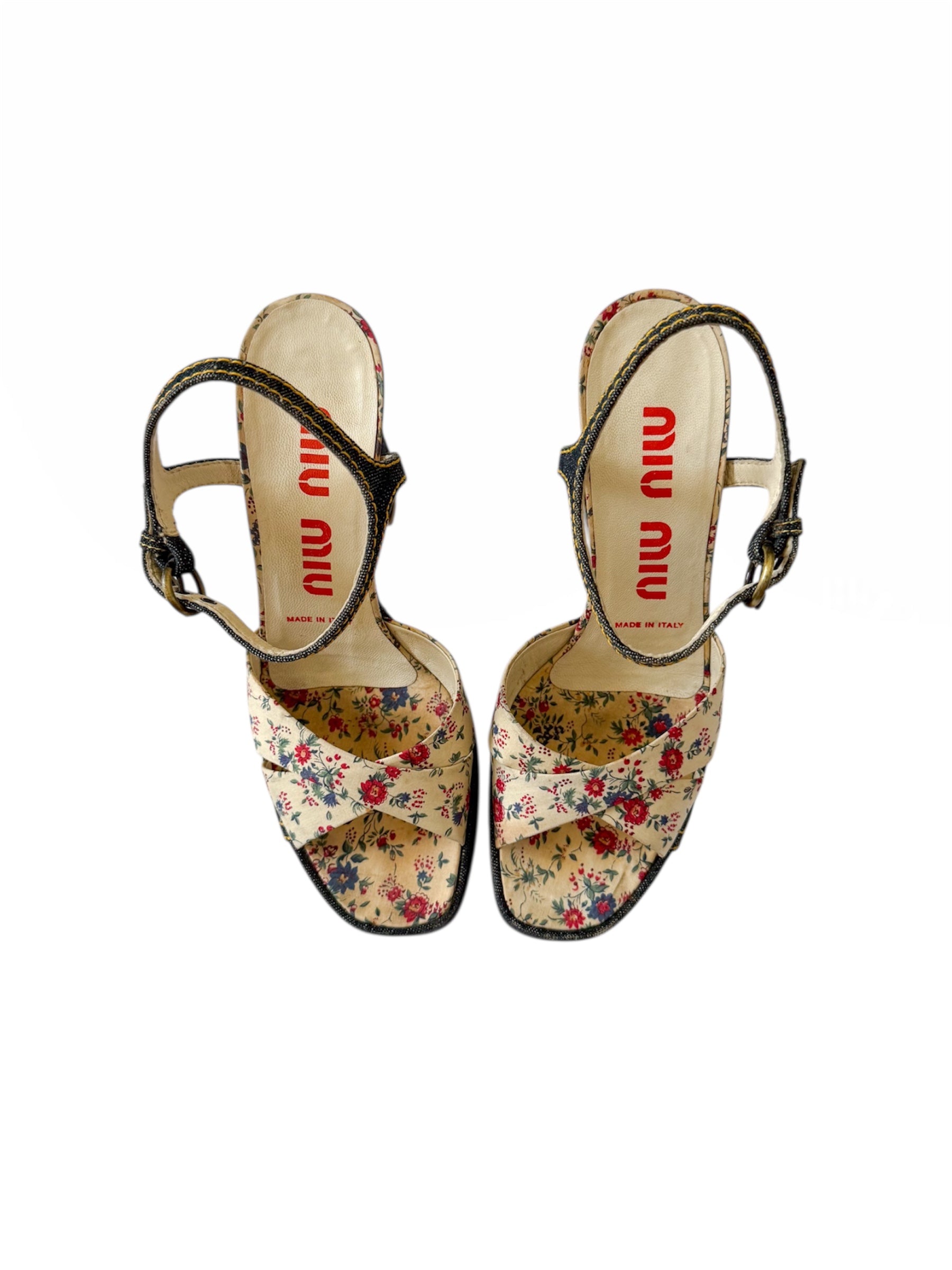 Miu Miu Denim Floral Print Platform Heels