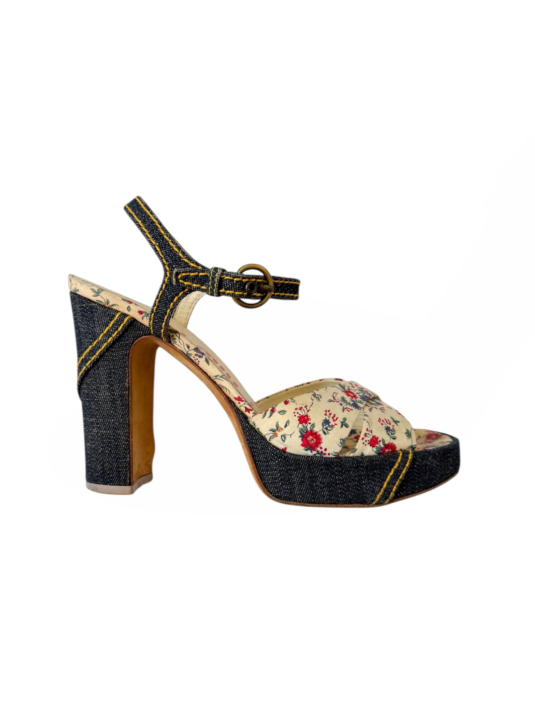 Miu Miu Denim Floral Print Platform Heels