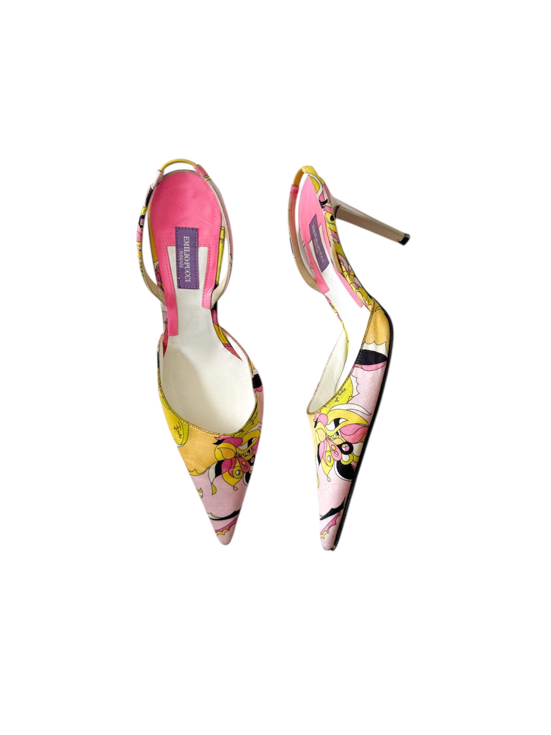 Emilio Pucci Pink & Yellow Patterned Slingback Mules