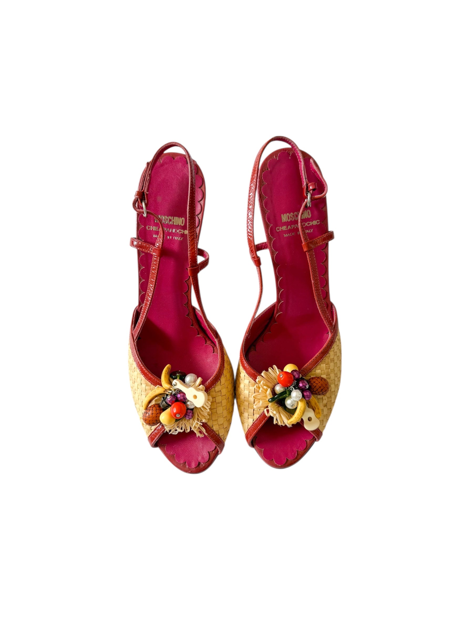 Moschino Fruit Charm Raffia Slingback Heels