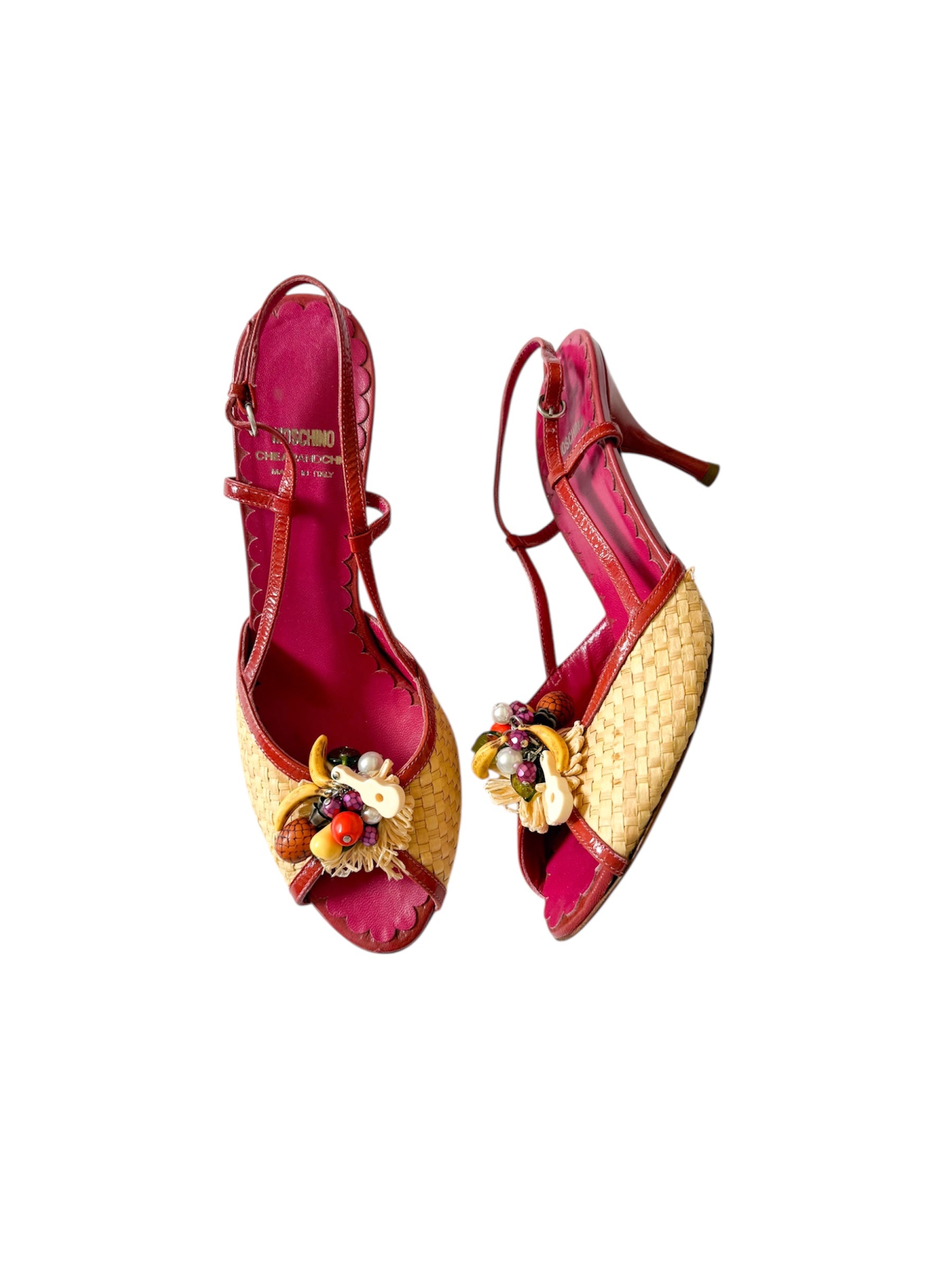 Moschino Fruit Charm Raffia Slingback Heels