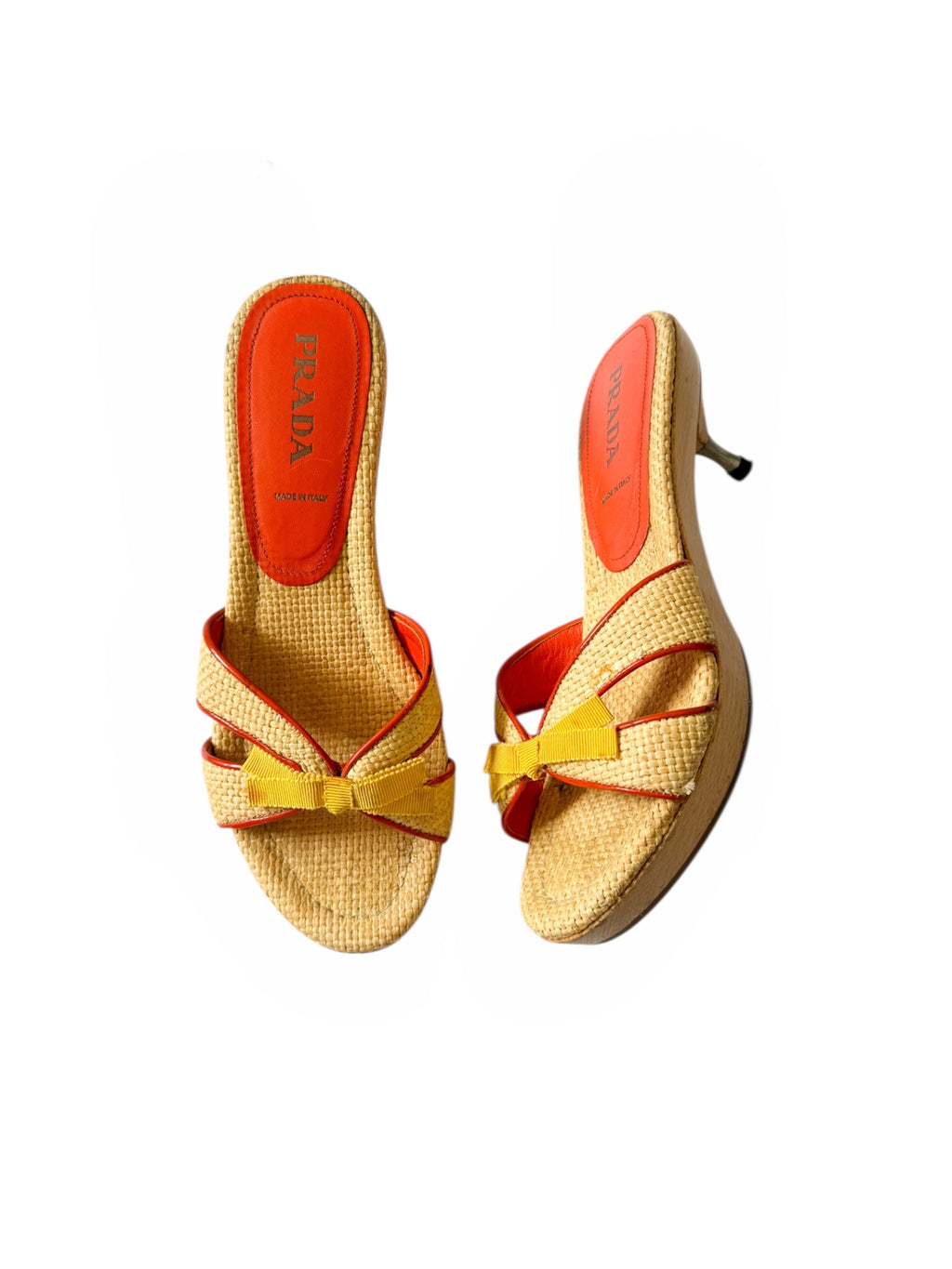 Prada Yellow Bow Raffia Heels