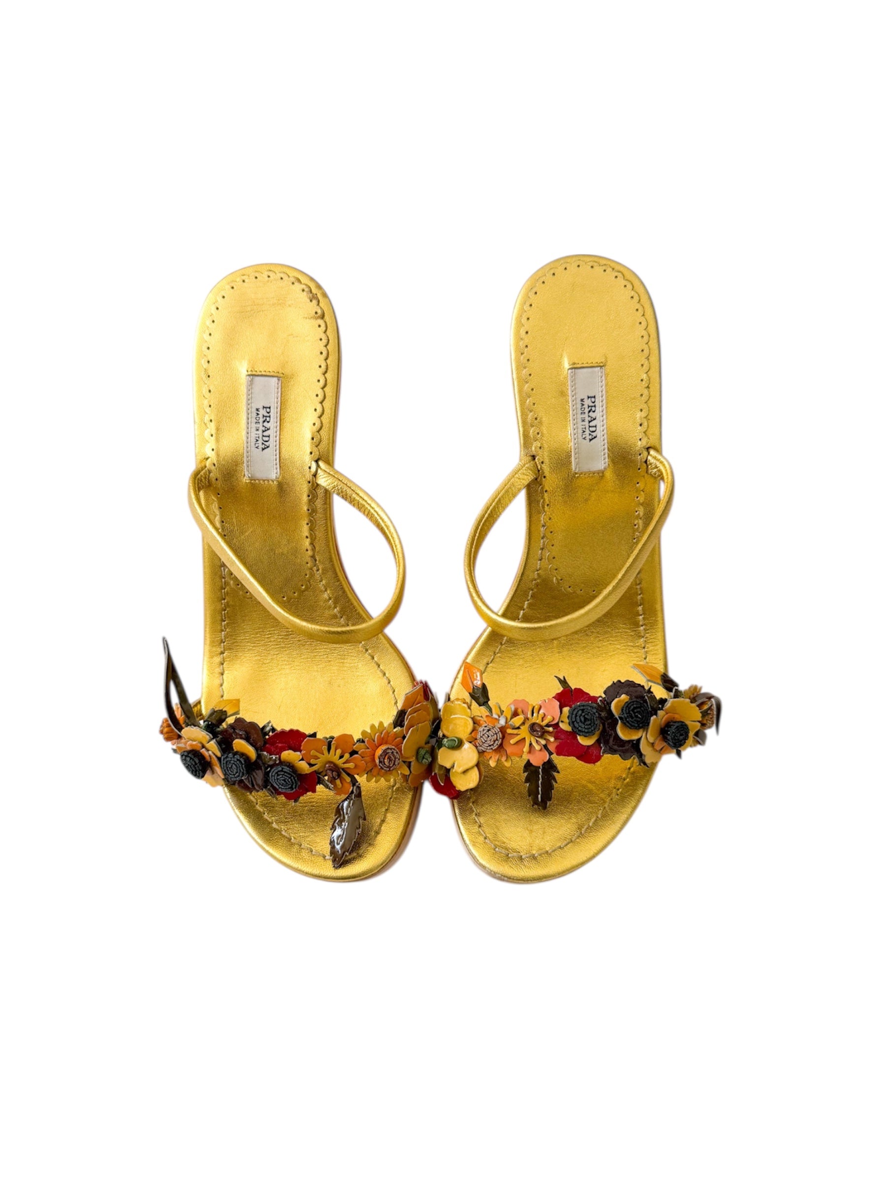 Prada S/S 2003 Gold Flower Appliqué Heels