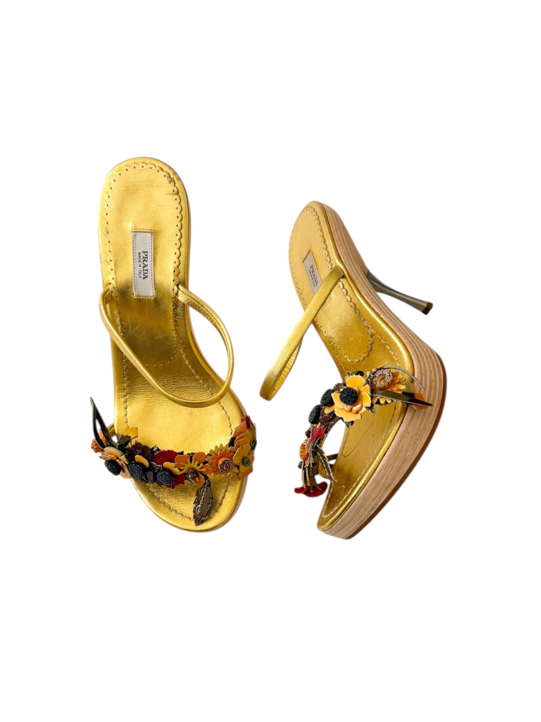 Prada S/S 2003 Gold Flower Appliqué Heels