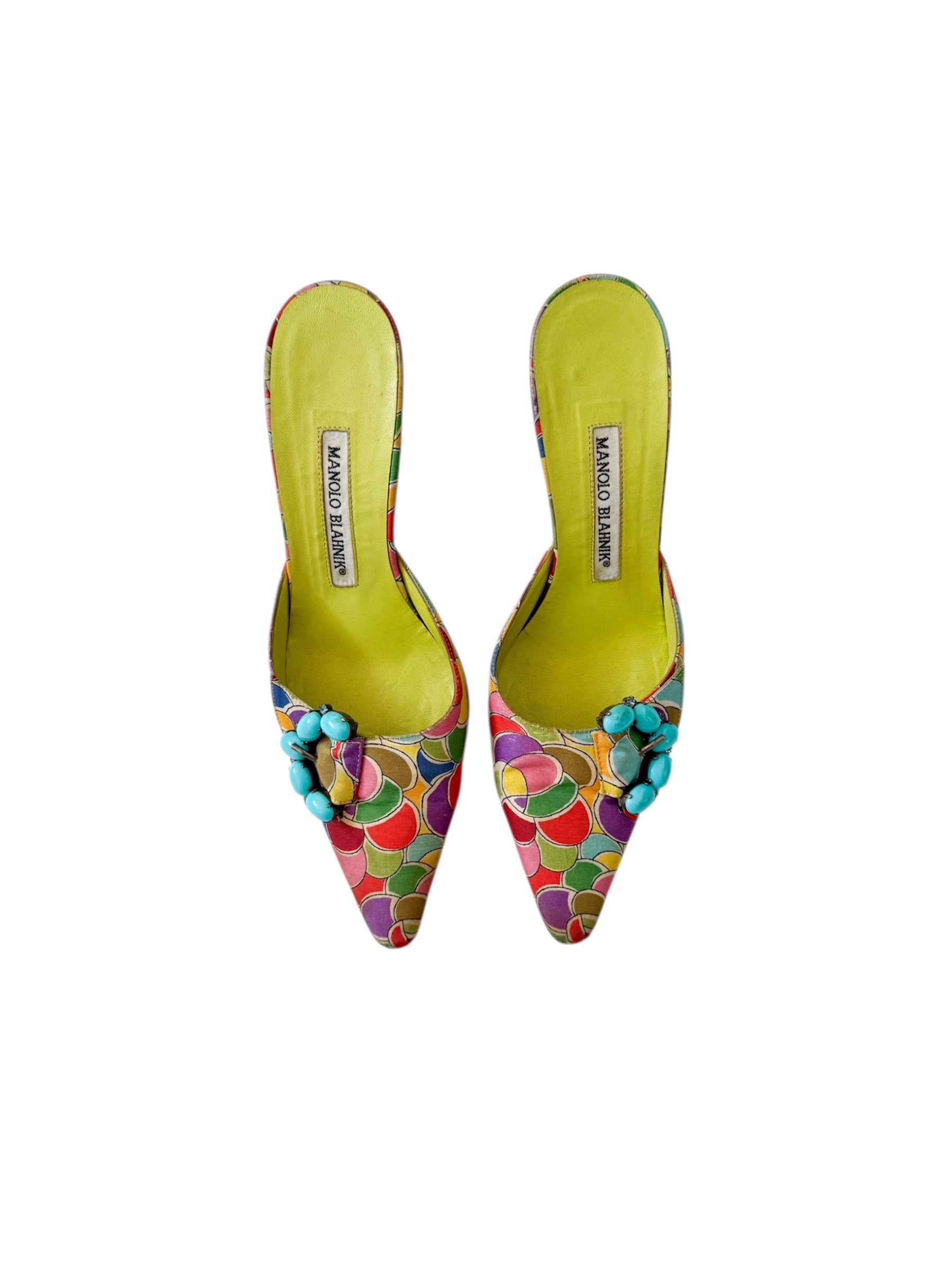 Manolo Blahnik Crystal Green Patterned Mules