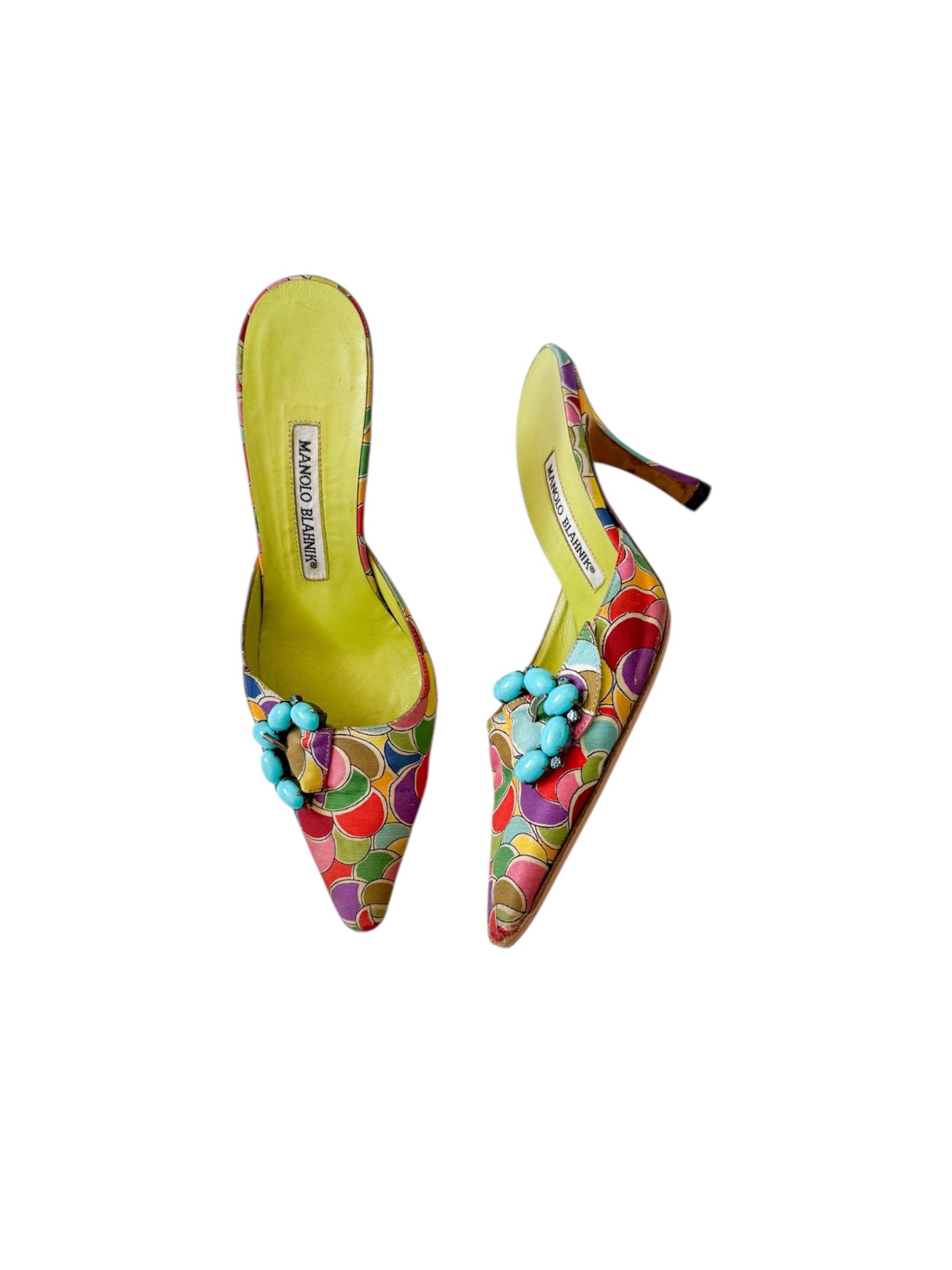Manolo Blahnik Crystal Green Patterned Mules