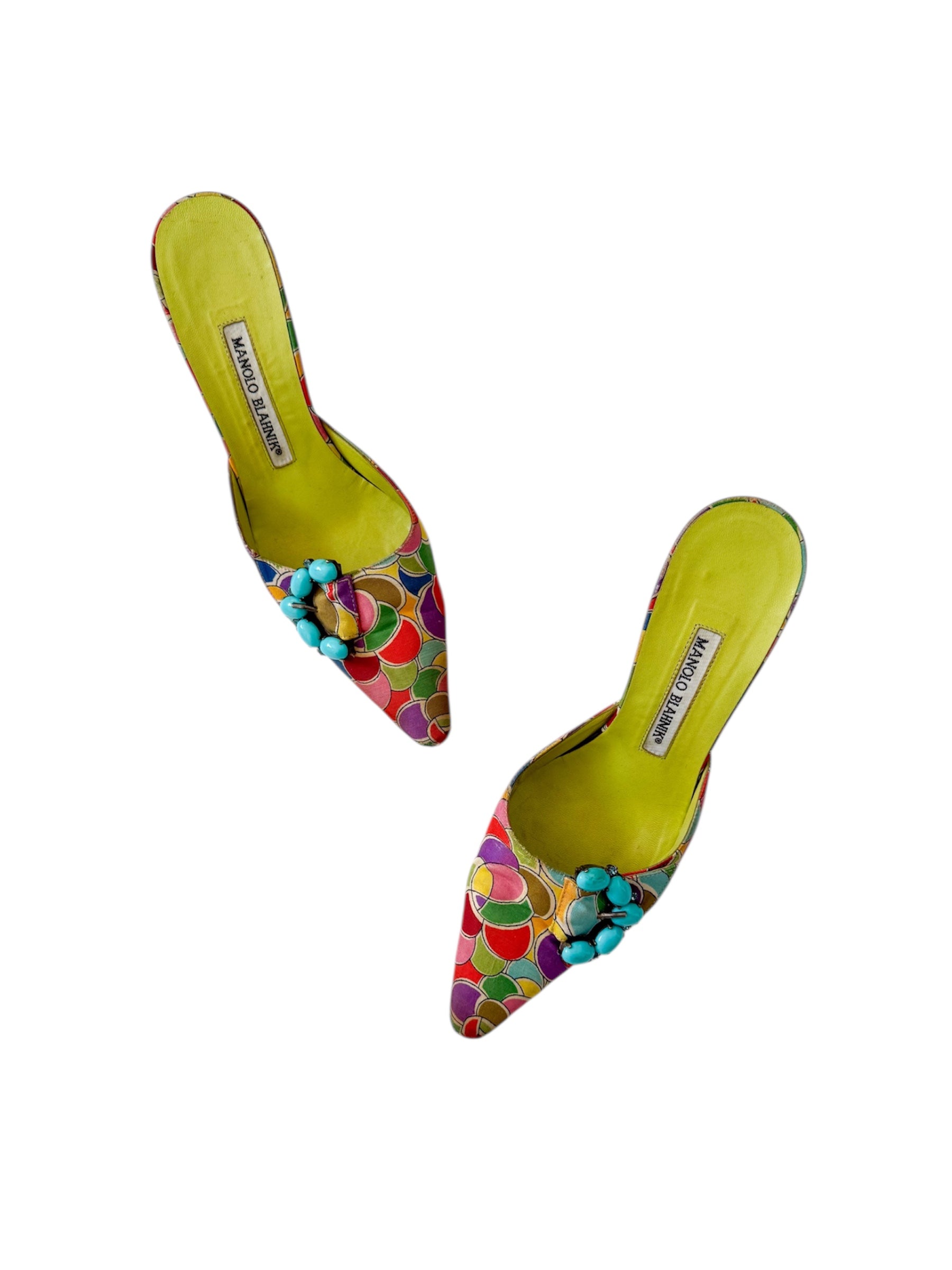 Manolo Blahnik Crystal Green Patterned Mules