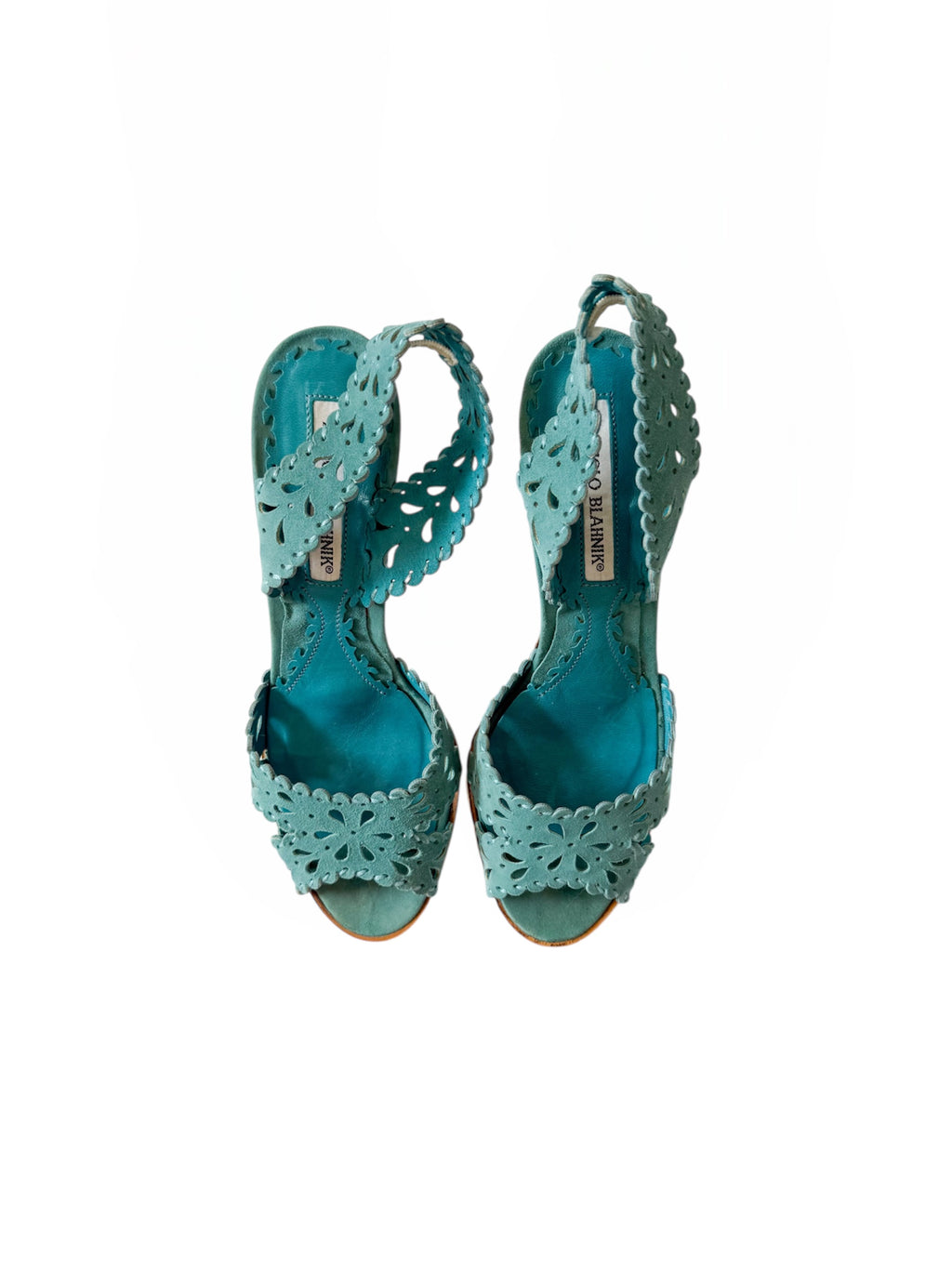 Manolo Blahnik Blue Flower Lasercut Slingbacks