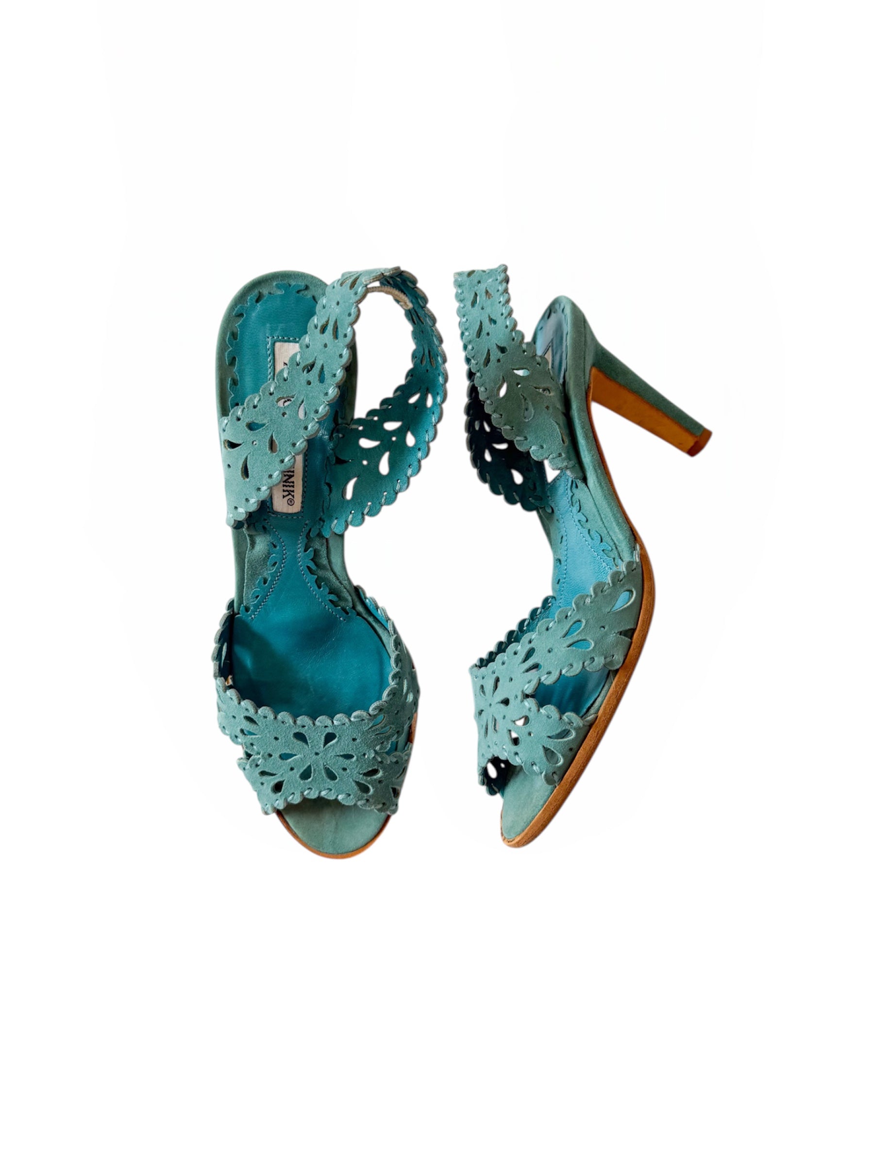 Manolo Blahnik Blue Flower Lasercut Slingbacks
