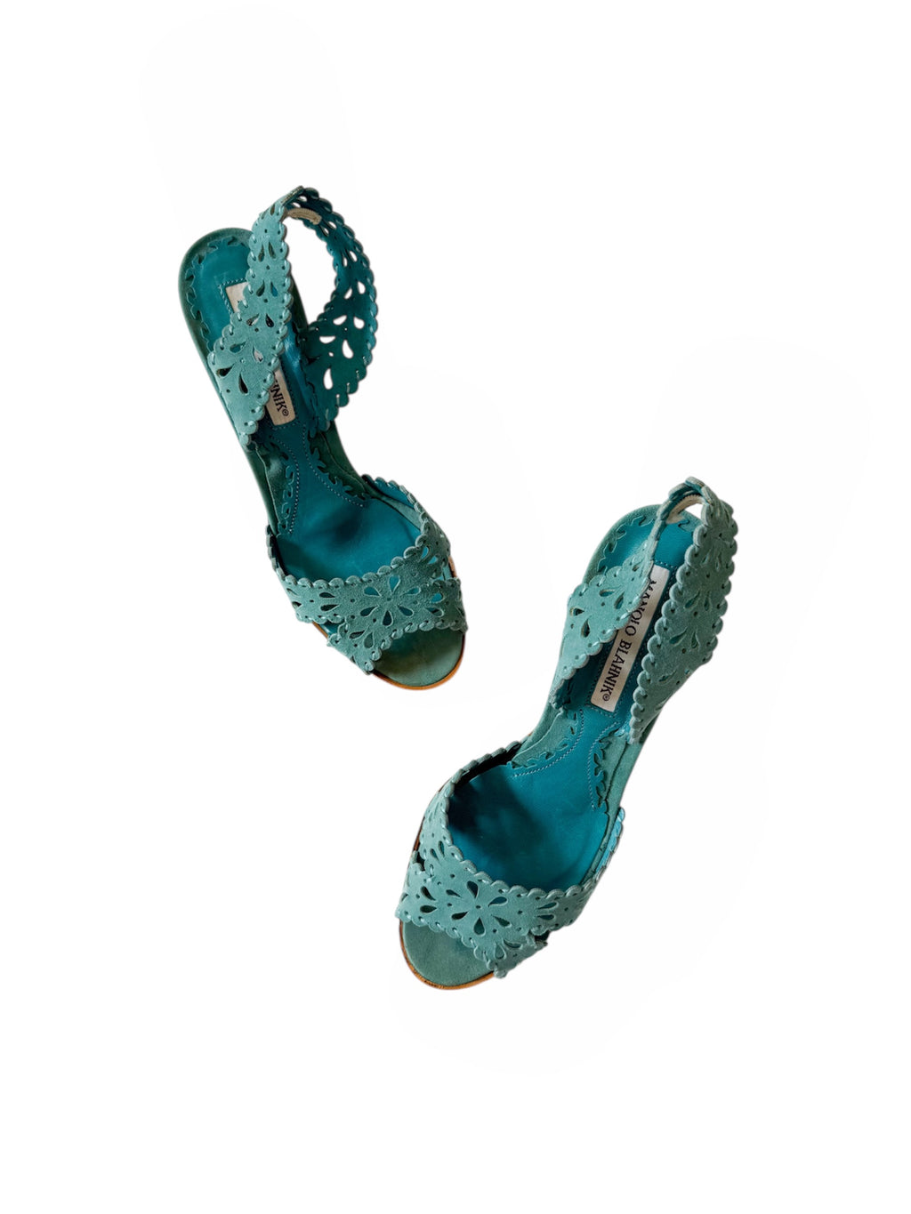 Manolo Blahnik Blue Flower Lasercut Slingbacks